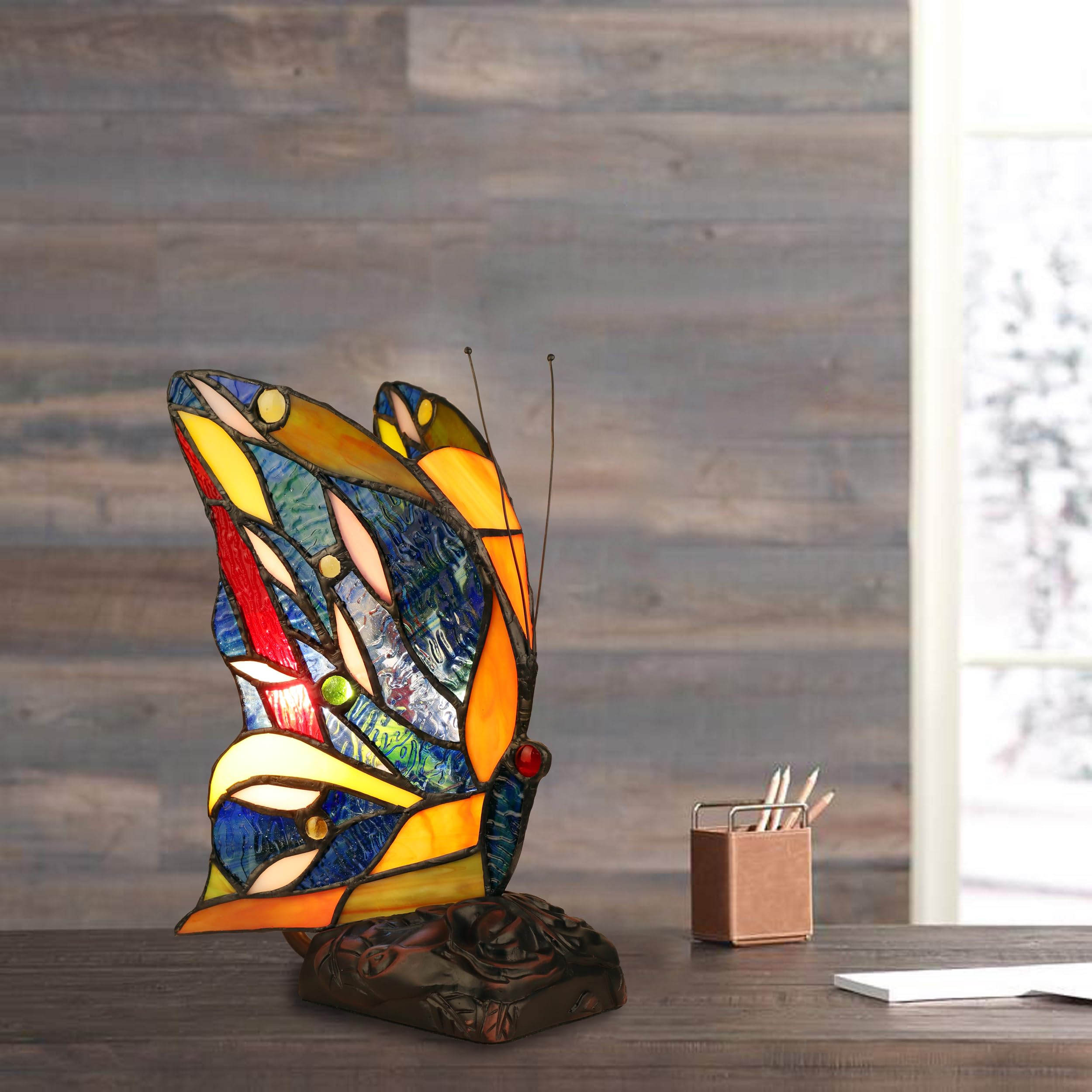 Rg Radiance Goods Radiance Goods Tiffany-Style 1 Light Antique Dark Bronze Finish Butterfly Accent Table Lamp 10" Tall