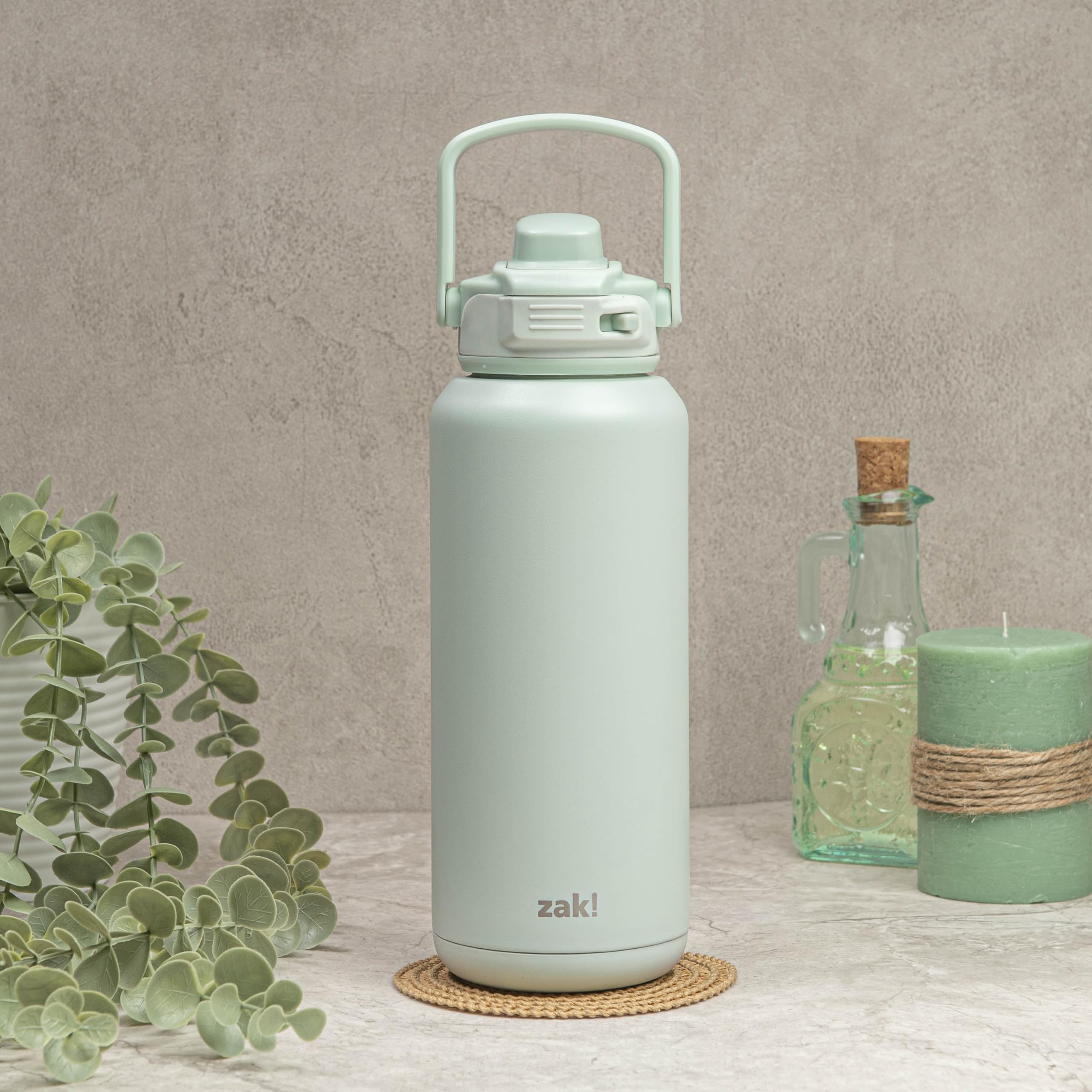 Zak Designs Beacon Straw Lid Water Bottle For Travel Or At Home, 32Oz Stainless Steel Is Leak-Proof