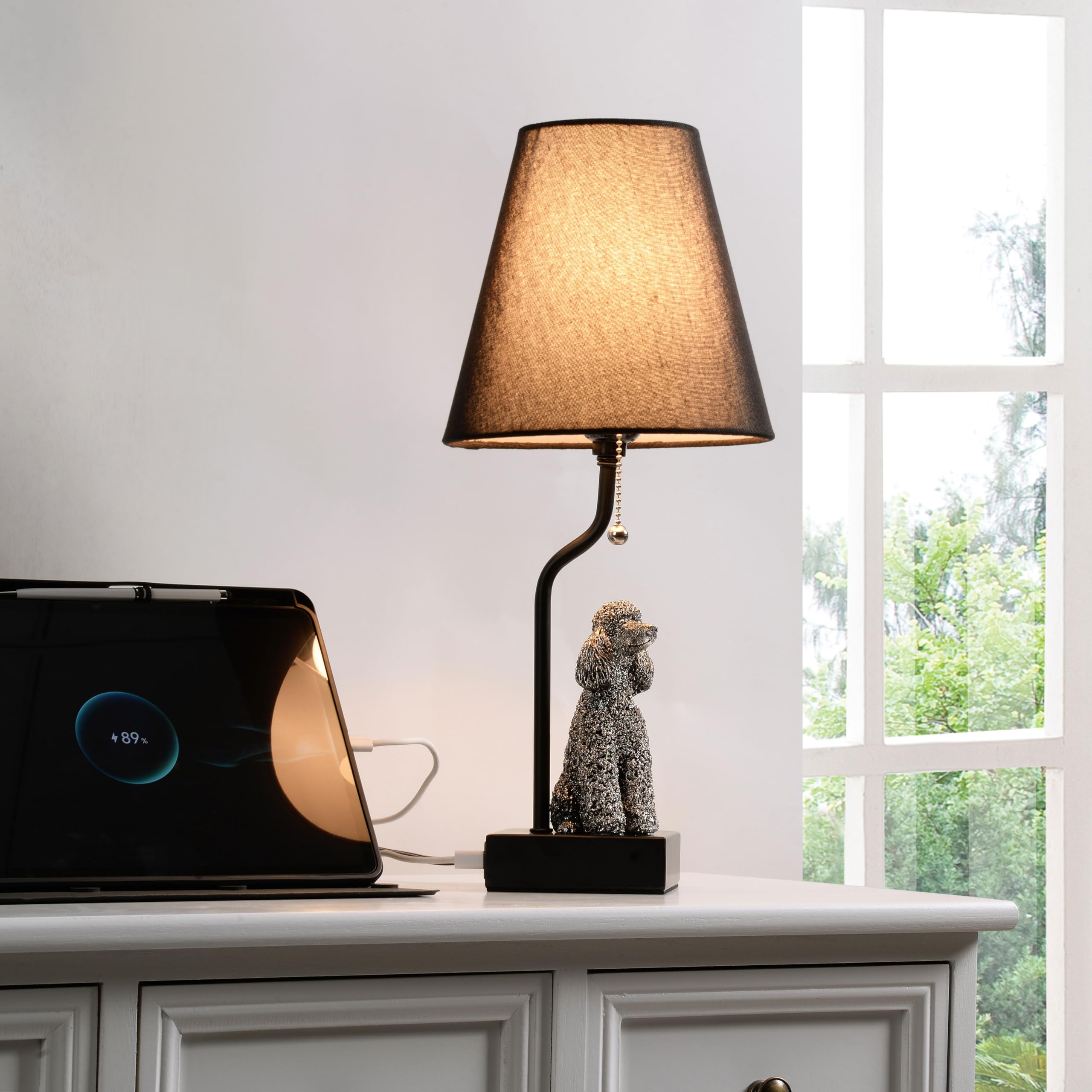Jjdqb Portable Poodle Table Lamp With Usb-C & Usb-A Charging Ports, Black Fabric Shade & Dog Figurine Base, Nightstand/Bedside Lamp With Pull Chain Switch – For Dog Lovers 24094