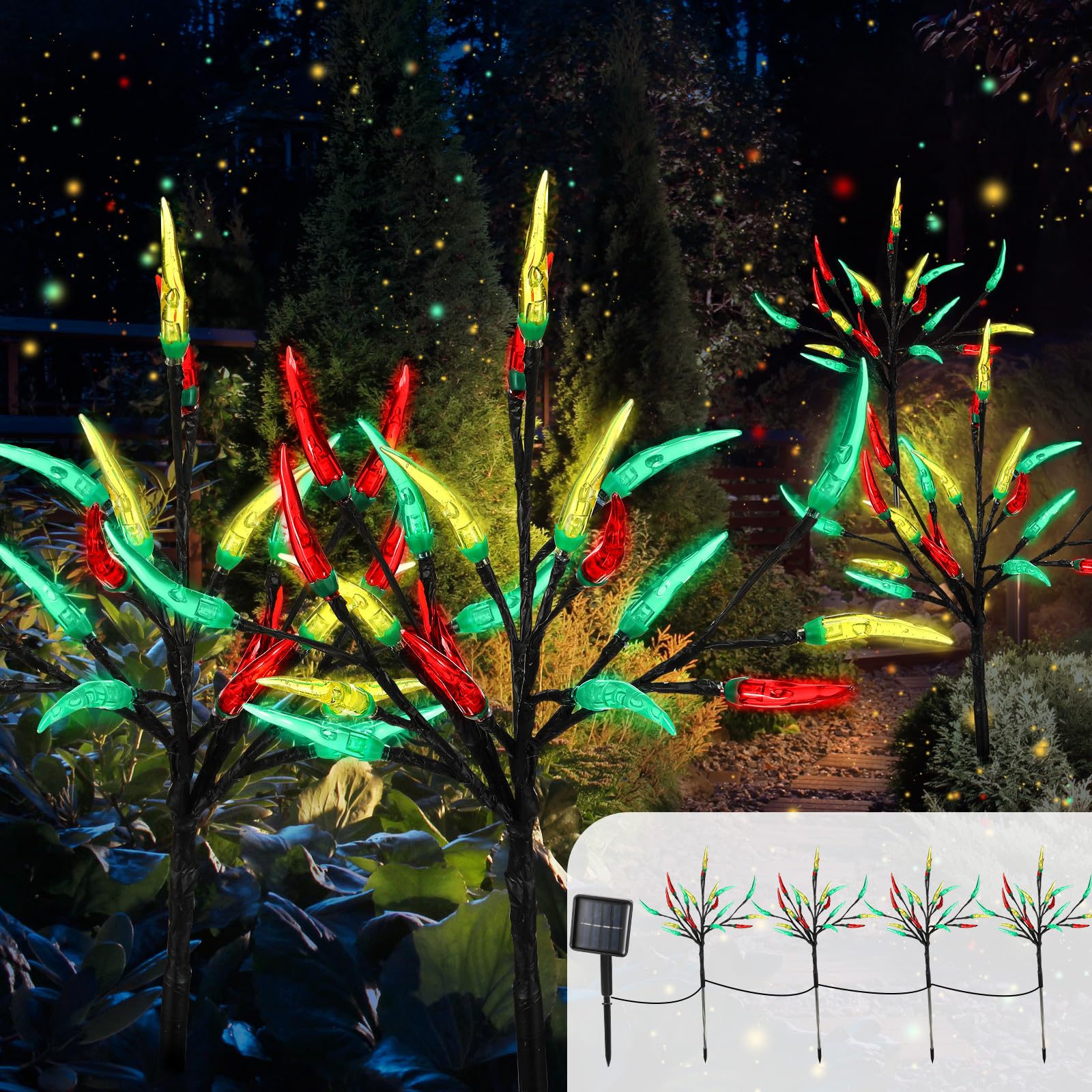 Rossesay 4 Pack Solar Chili Pepper Lights Cinco De Mayo Party Decorations 80 Led Red Green And Yellow Solar Stake Landscape Lights For Outdoor Garden Yard Pathway Summer Party Decor