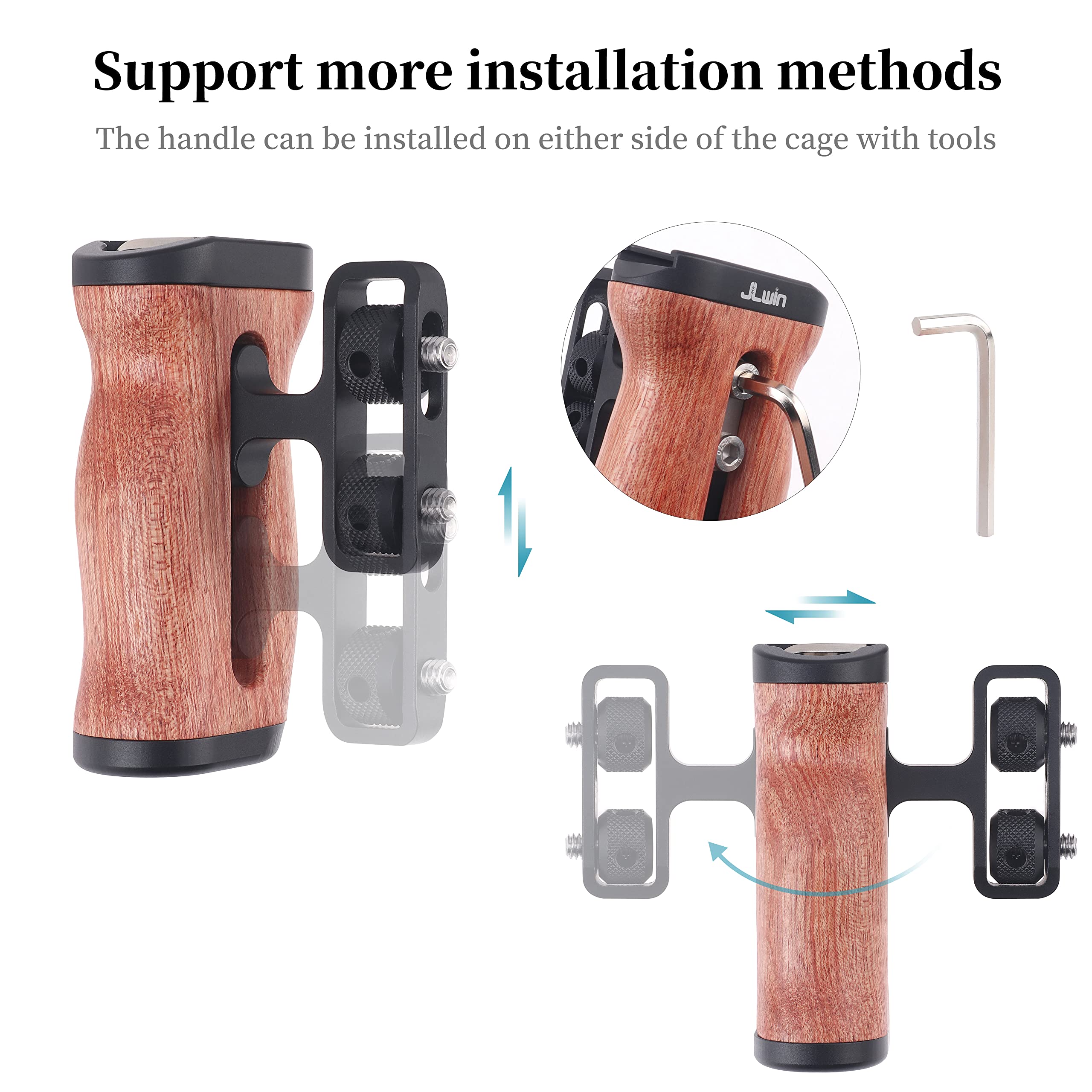 Fotga Wooden Side Handle Grip With 1/4"-20 Mount Holes Cold Shoe For Dslr Mirrorless Video Camera Cage Microphone Built-In Wrench,Adjustable Up And Down