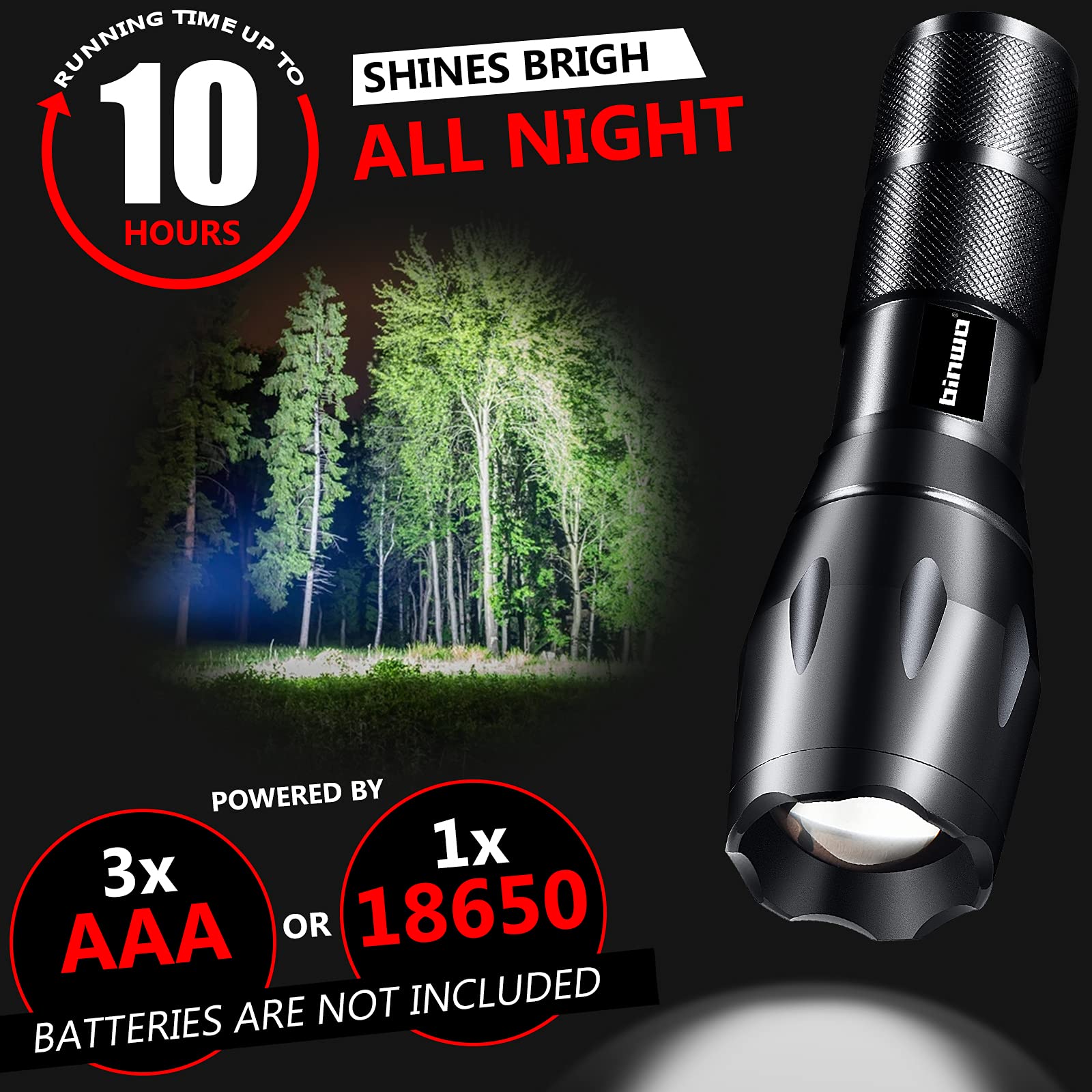 Binwo 2Pack Small Zoomable Water-Resistant Utility Led Flashlights 3000 Lumens -With 5 Modes For Camping/Biking/Hiking/Outdoor/Home/Emergency