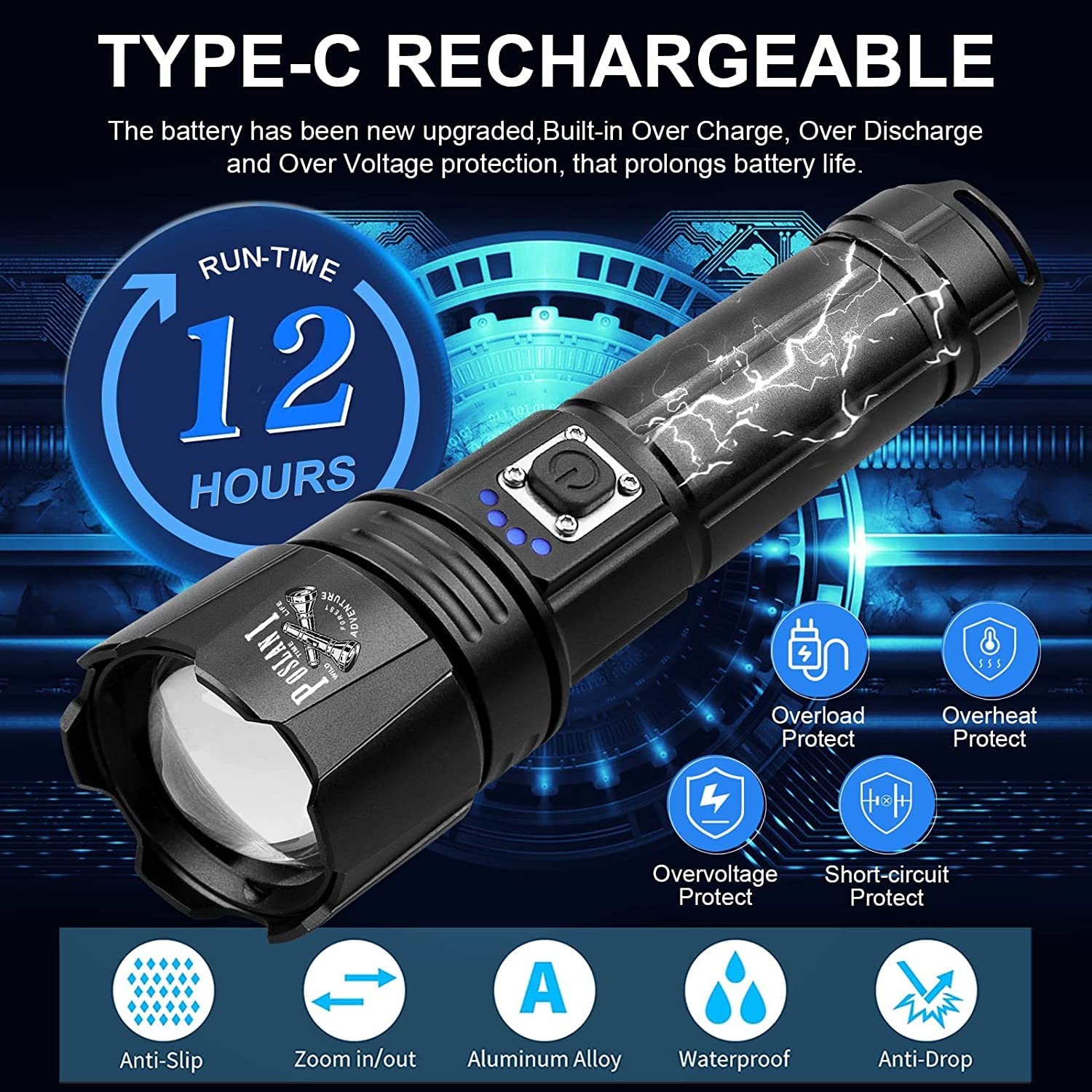 Poslani Flashlights Led High Lumens Rechargeable,Brightest 950000 Lumens Flash Light, High Power Tactical Flashlight,Handheld Waterproof Flashlights For Emergency Camping