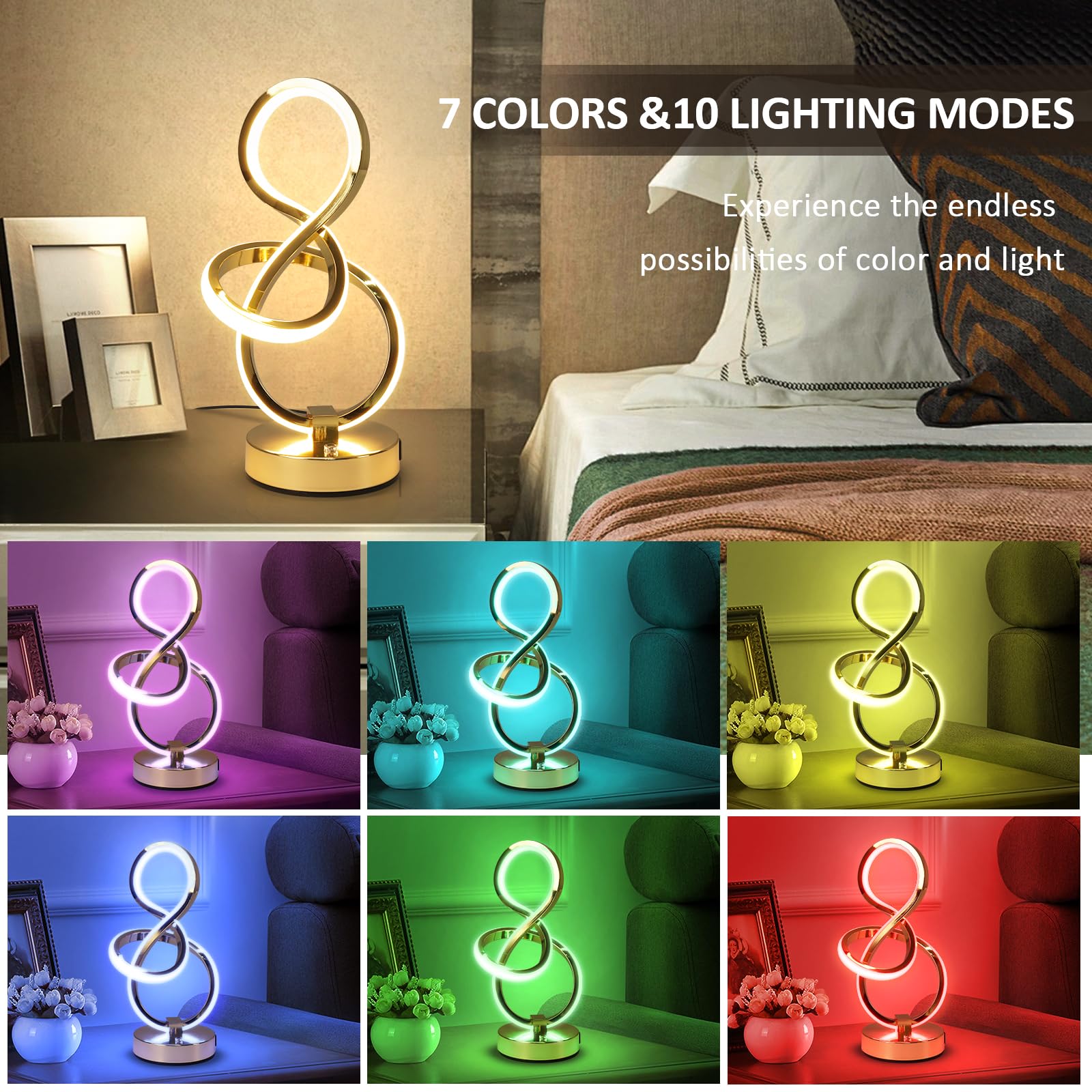 Eidearay Modern Spiral Table Lamp, 7 Colors 10 Light Modes Led Nightstand Small Lamp With Usb C+A Ports, Touch Dimmable Lamps For Living Room Bedroom Bedside, Unique & Cool Lamps,Gold