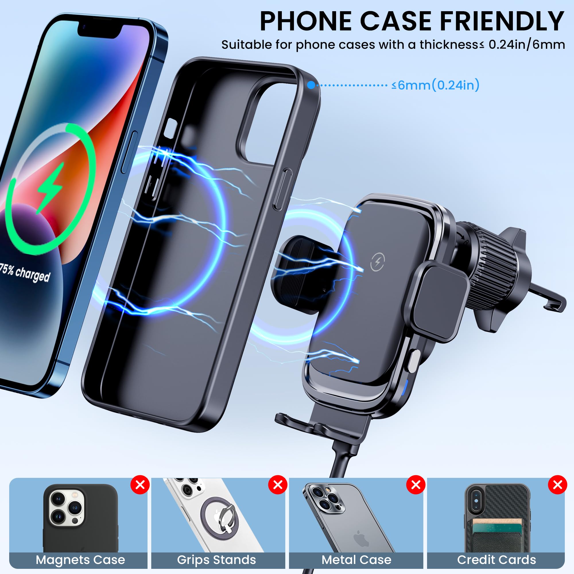 Clamemo Wireless Car Charger, 15W Fast Charging Phone Mount Auto-Clamping Phone Holder For Dashboard Air Vent, Car Wireless Charger Mount Fit Iphone 14Pro/13 Pro/12/11/Xr/8, Samsung Galaxy S23/S22/S21