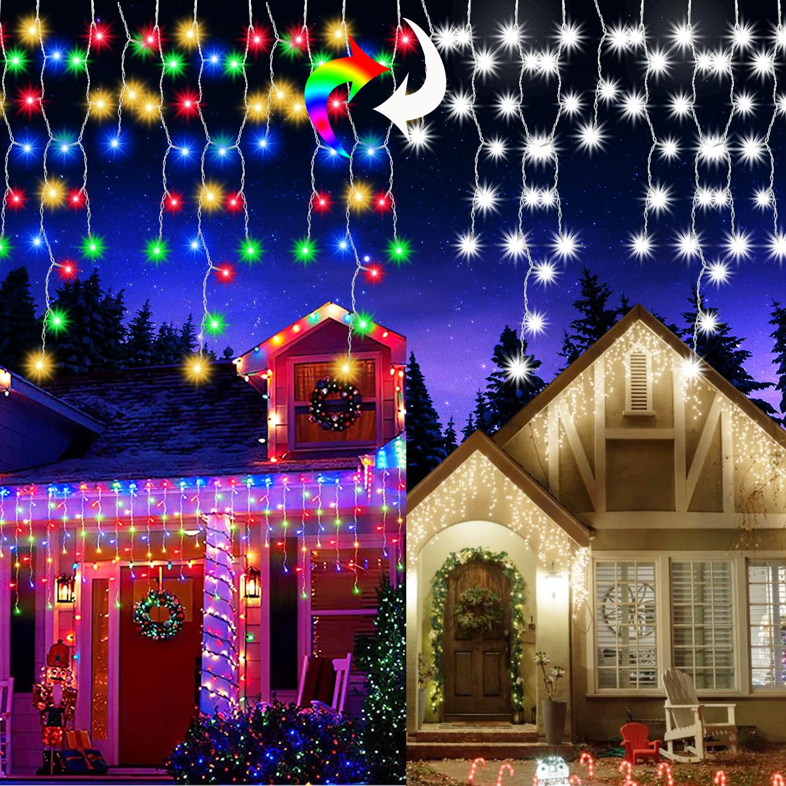 Wafloter Cold White To Multicolor Color Changing Icicle Christmas Light With Remote, 480 Led 39.3Ft Christmas String Lights Outdoor Waterproof With 80 Drops For House Eave, Window, Hallway Xmas Decorations