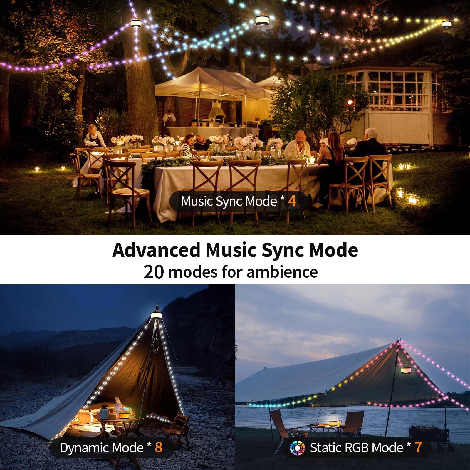 Toheto Camping String Lights, 3 In 1 Retractable Rgb Outdoor String Lights With 19 Lighting Modes,Quick 30S Recovery, 32.8 Ft Portable Tent Lights, Rechargeable Camping Lantern (Black&Orange)