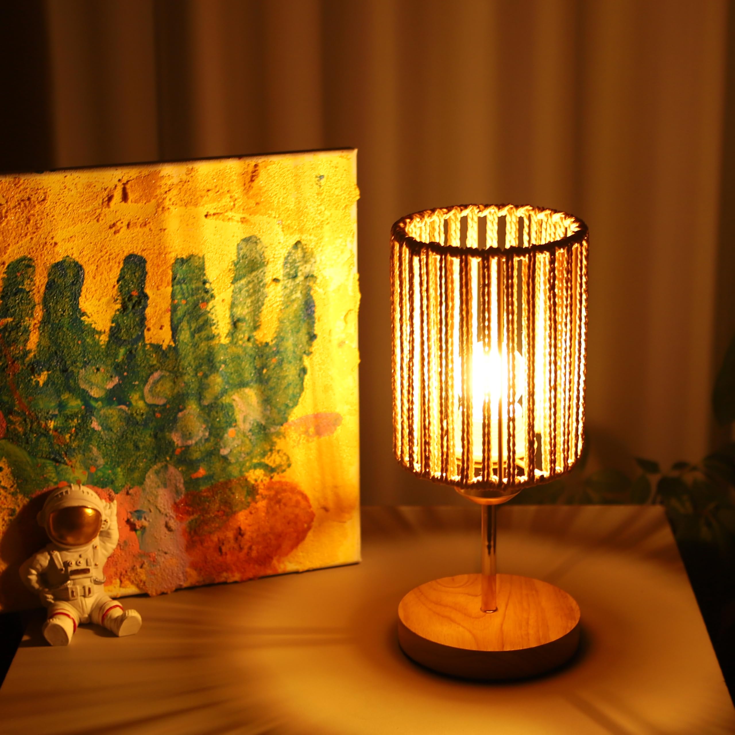Rarlonly Boho Small Table Lamp With Bulb,Rustic Rattan Lamp For Bedroom,Nightstand Lamp,Table Lamp For Living Room,Wooden Base Bedside Lamp,Desk Lamp For Small Spaces (Brown-B)