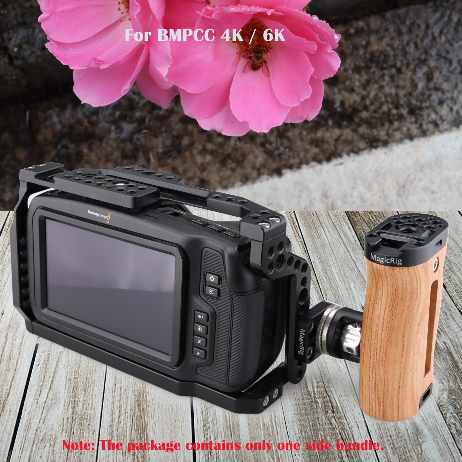 Magicrig Rosette Side Handle Wooden Handgrip For Dslr Camera Cage,For Shoulder Support Rig, With M6 Rosette Mount, Cold Shoe,Up And Down Adjustable, Right/Left Hand