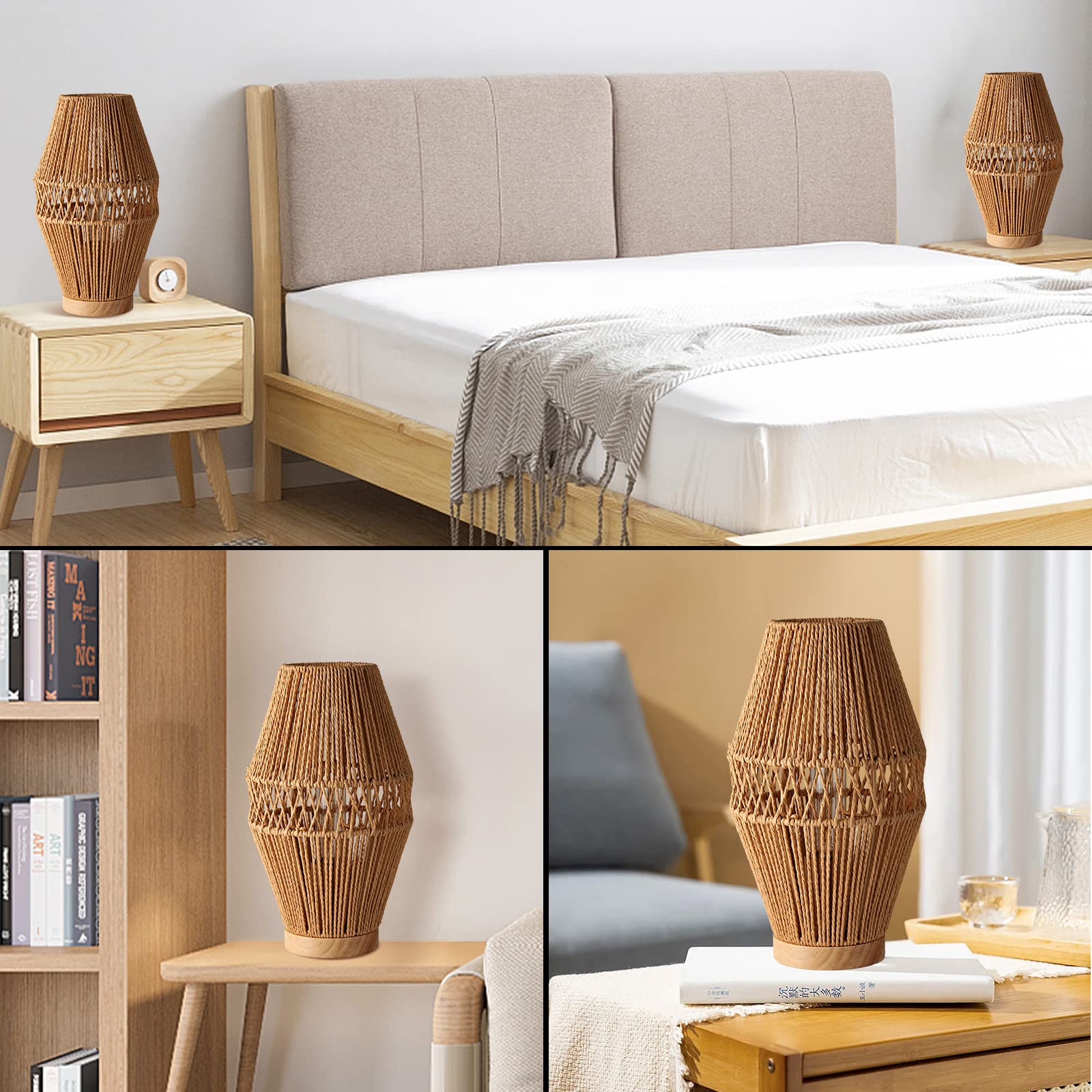 Legelite Boho Rattan Table Lamps, Handmade Woven Bedside Lamp, Small Desktop Nightstand Lamp For Kids Room,Living Romm,Bedroom,Dorm Decor (2 Pack)