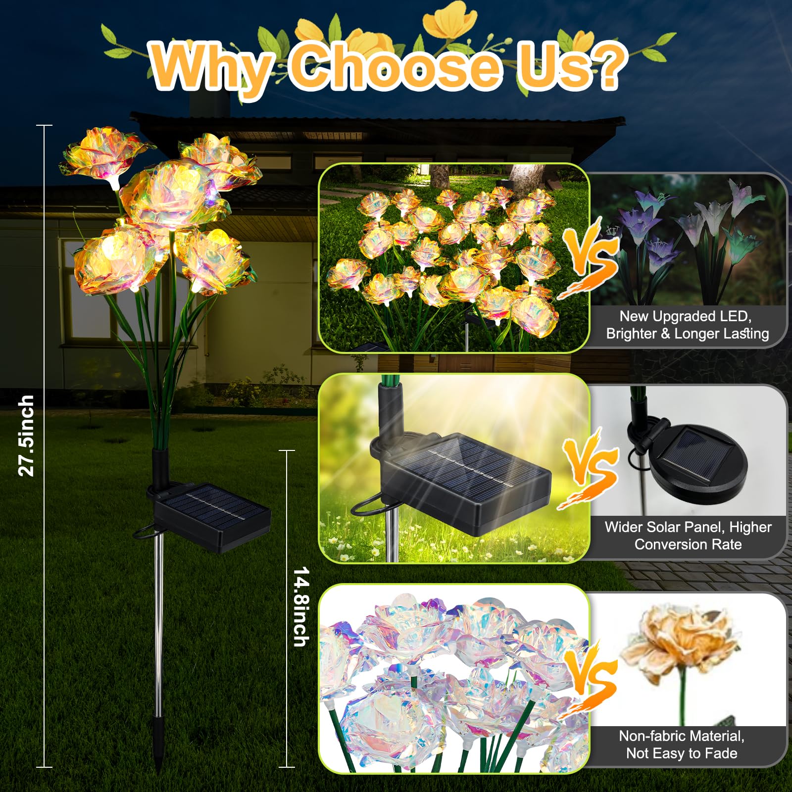 Veeool Solar Garden Lights Outdoor, 4 Pack 24-Head Artificial Flowers Solar Lights, Ip65 Waterproof Garden Decoration For Yard Patio Path Cemetery Grave,  For Mom Women Bithday Mother'S Day-Auto On/Off