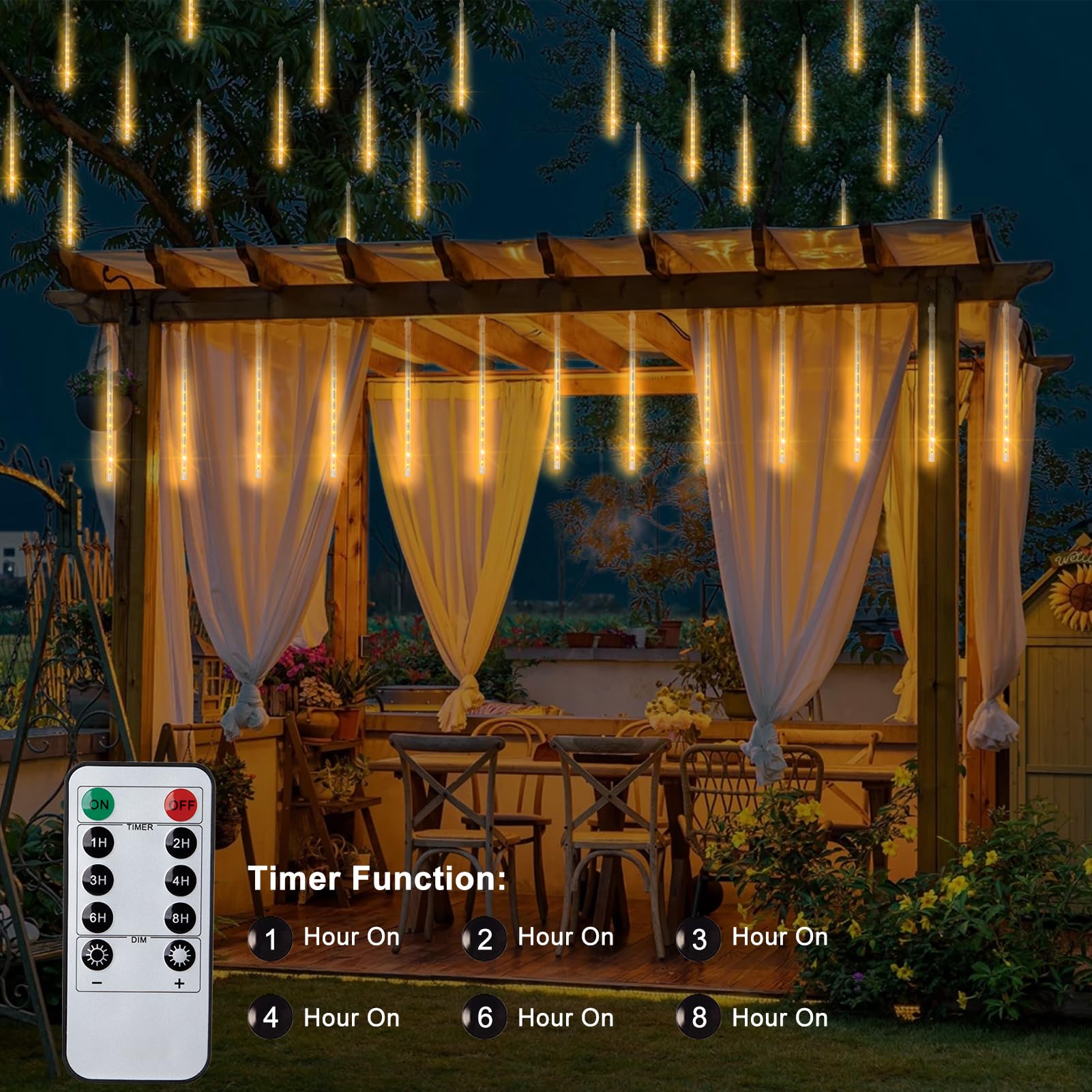 Lumbelle Christmas Meteor Shower Lights Battery Powered, Waterproof 192 Led Icicle Snow Falling Lights With Remote Timer Raindrop Light For Tree Yard Patio Christmas Party Outdoor Decor(Warm White)