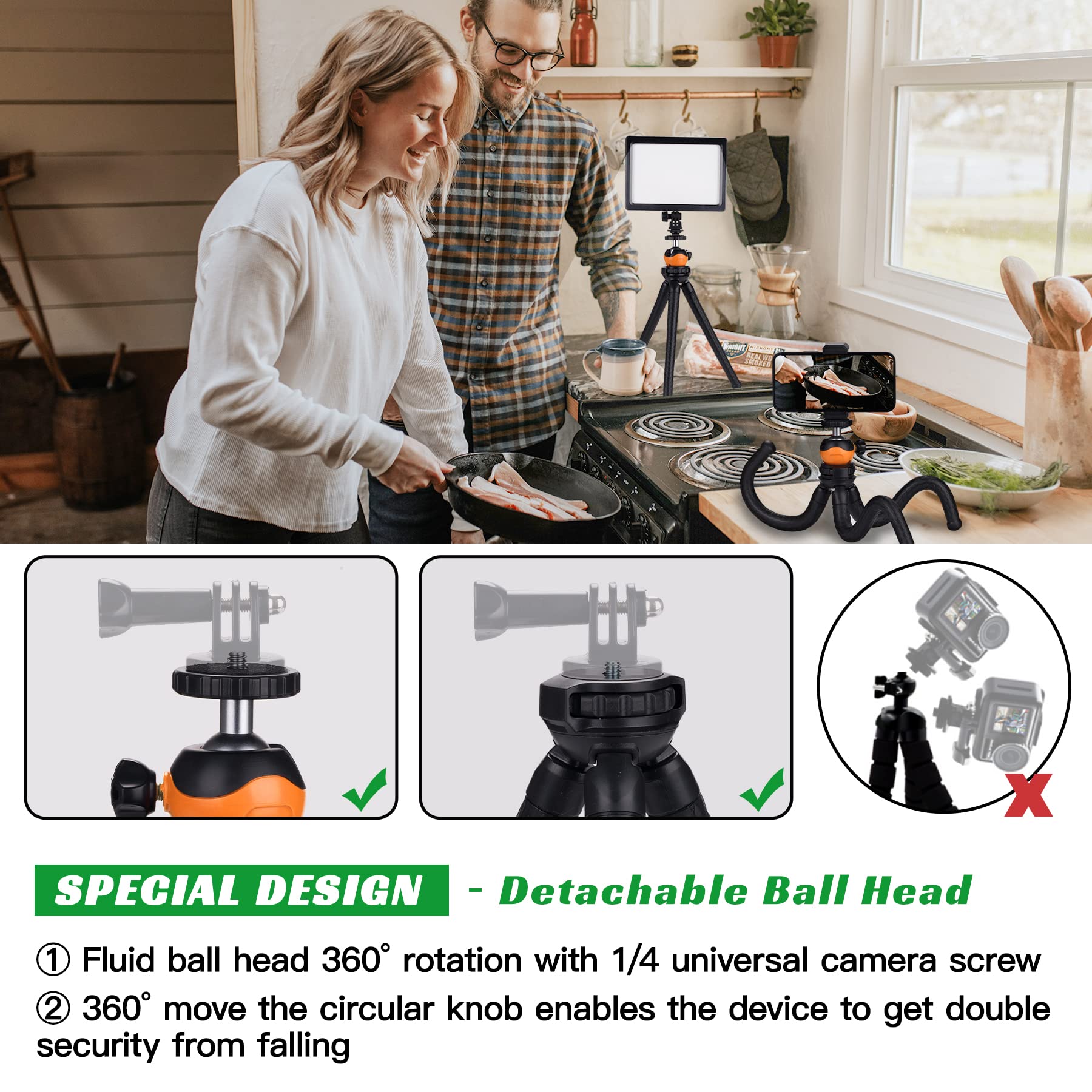 Phosnova Cell Phone Tripod Stand, Portable Flexible Tripod For Iphone With Wireless Remote, Camera Tripod, Double 360°Rotation Adjustable Mini Tripod For Iphone/Android/Gopro/Ipad/Dslr, Orange