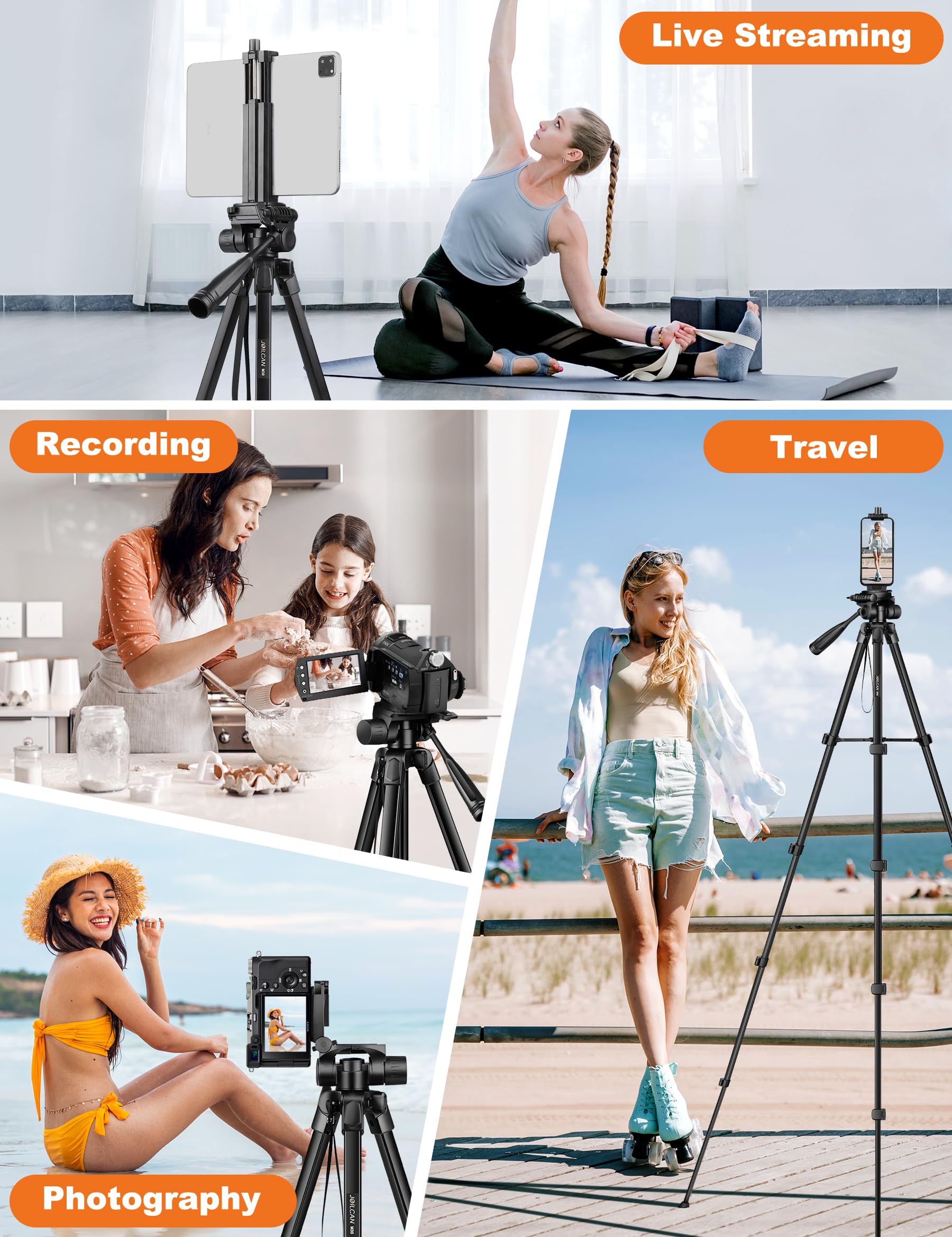 Joilcan Phone Tripod Stand, 68" Tripod For Ipad Iphone Tablet With Remote Universal Holder Carry Bag, Travel Aluminum Tripod For Video Recording Photos Vlogging Compatible With Ipad Pro Iphone Camera