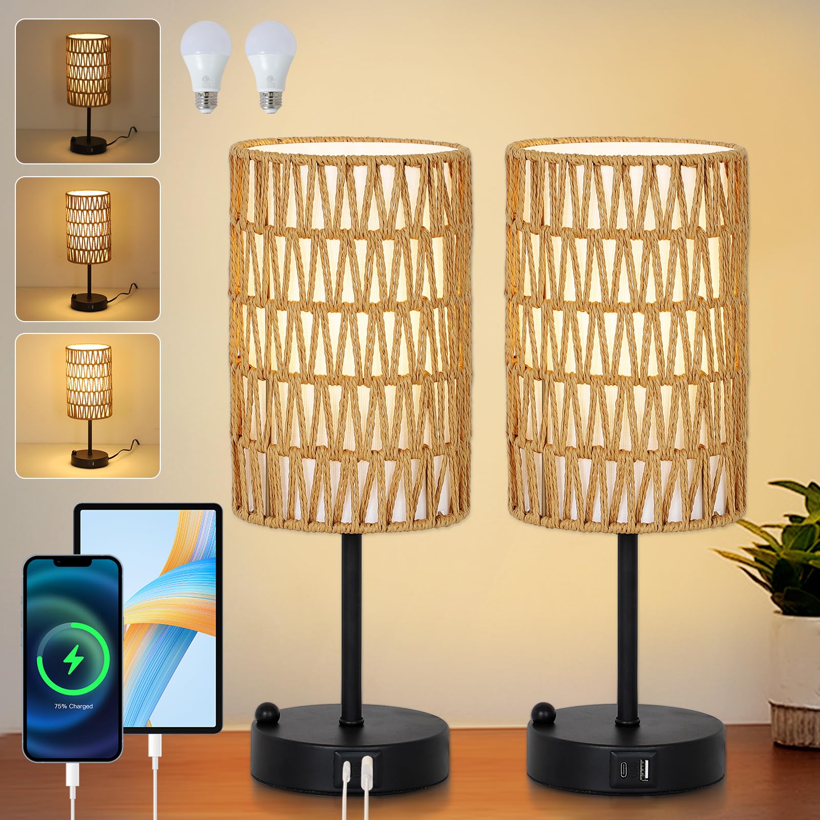 Eayaya Touch Table Lamp Set Of 2 For Bedroom With Bulb, Boho Small Desk Lamp For Living Room With Rattan & Linen Shade, 3 Way Dimmable Bedside Table Lamp For Nightstand With Usb Charging Port & Phone Stand