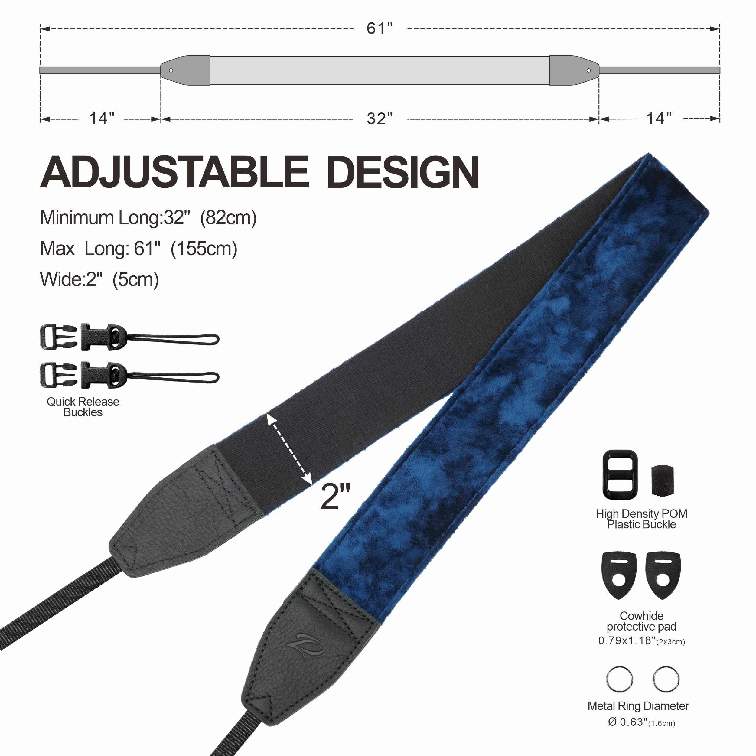 Padwa Lifestyle Velvet Camera Strap - 2" Wide Full Grain Cowhide Head Soft Velvet Straps For Photographers,Complimentary 2 Pcs Quick Release For All Dslr,Mirrorless Cameras,Binoculars - Dark Navy Blue