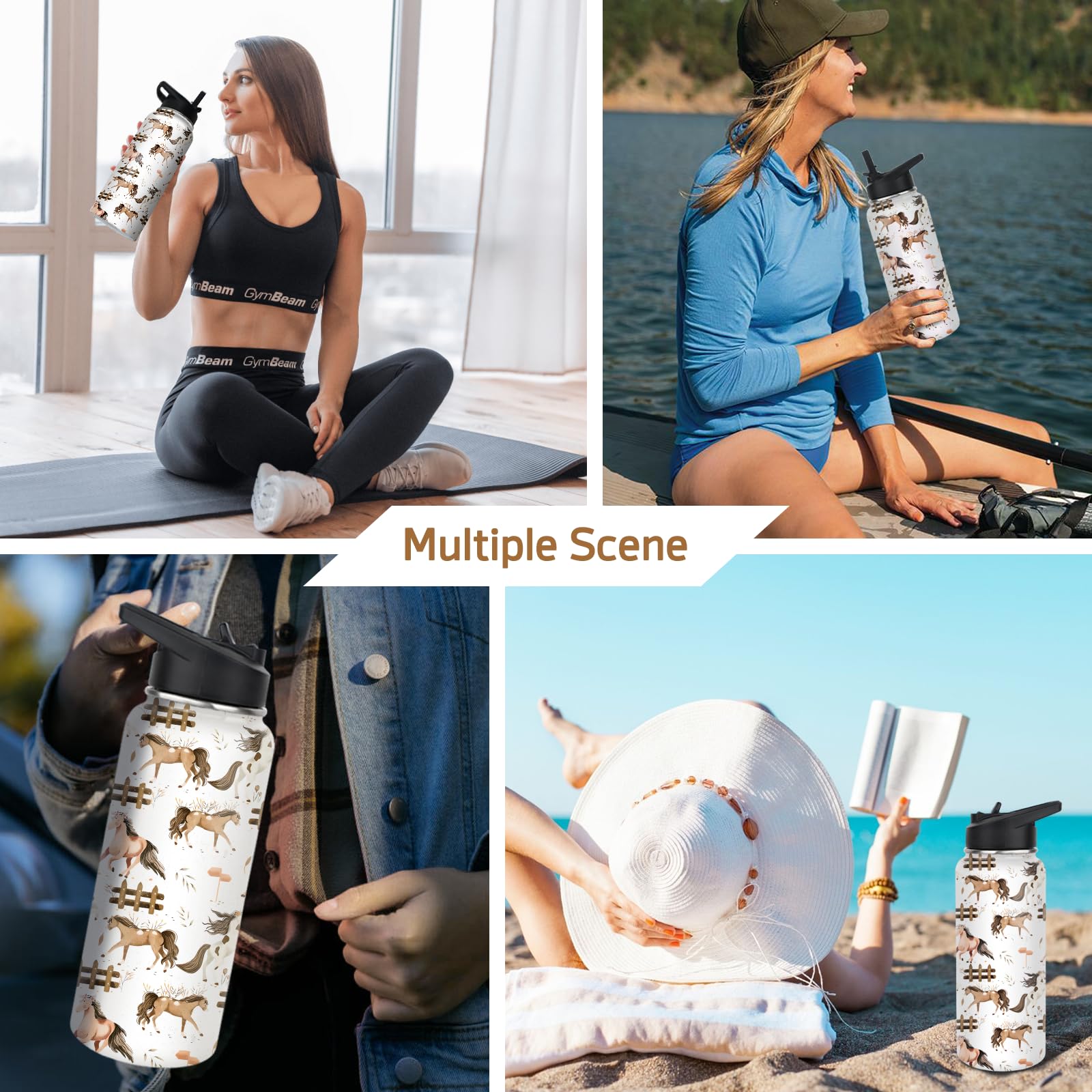 Horse Water Bottles With Straw, 32 Oz Insulated Stainless Steel Tumbler Cup Mug Horse