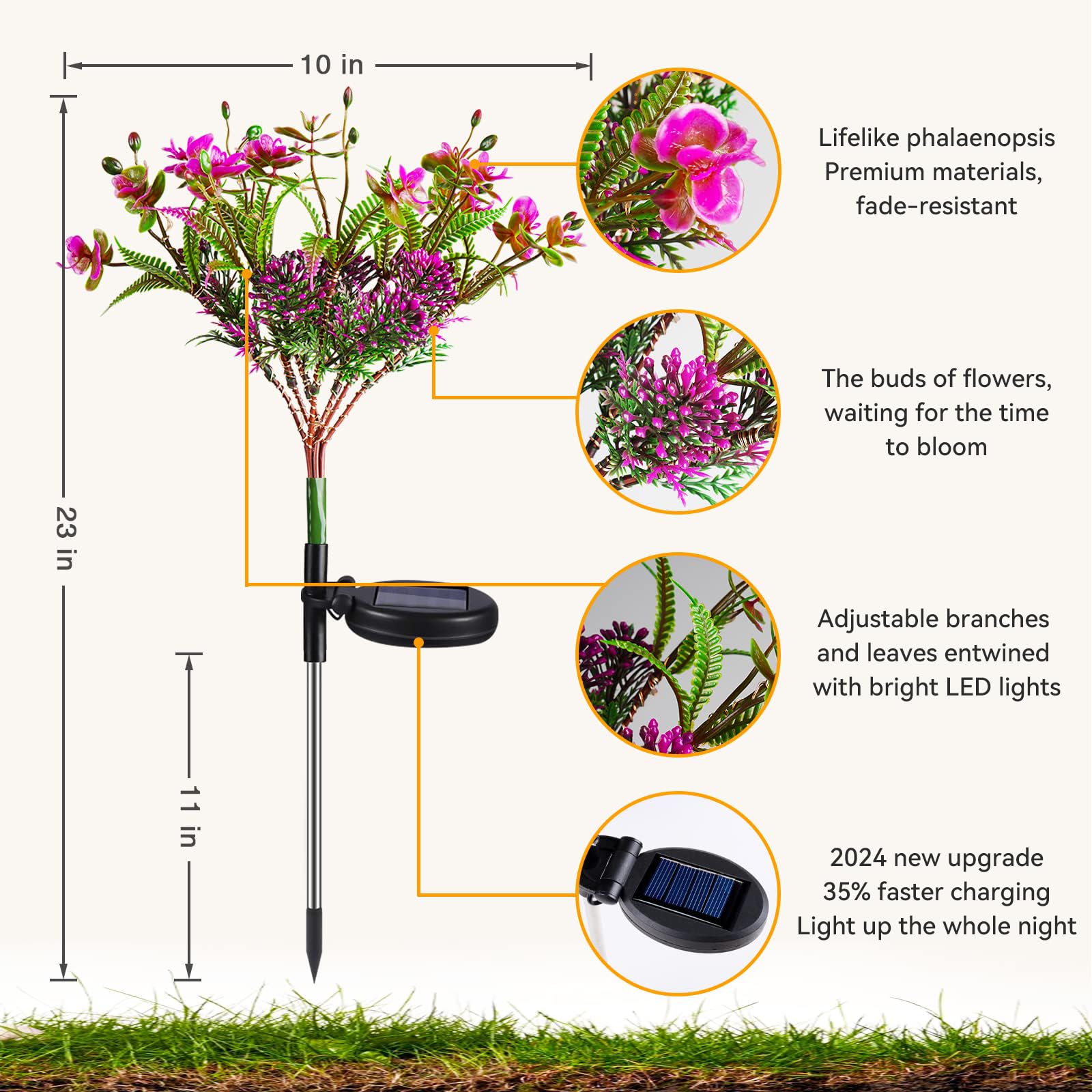 Neporal Solar Garden Lights, 4Pk Purple Phalaenopsis Solar Flowers Outdoor Waterproof, Solar Lights Outdoor Decorative For Garden, Yard Decor,