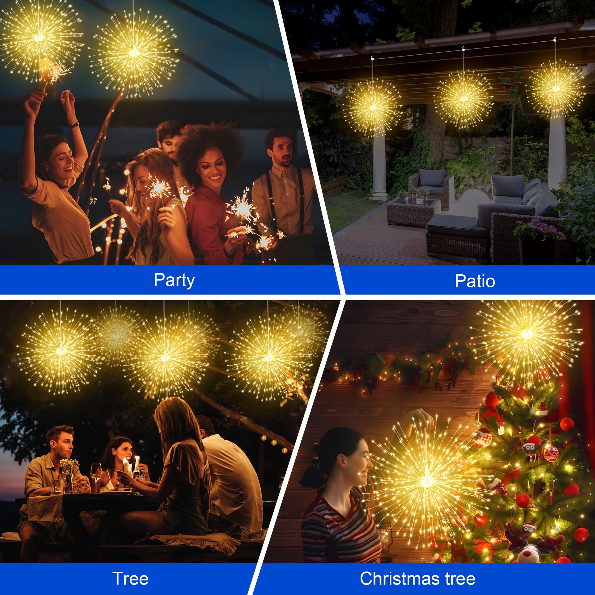 Lertdai Solar Firework Lights Outdoor, 600 Led Starburst Light Outdoor With Usb Rechargerable, 8 Modes Waterproof Solar Hanging Lights For Gazebo Yard Party Wedding Decorations (Warm White, 600 Led)