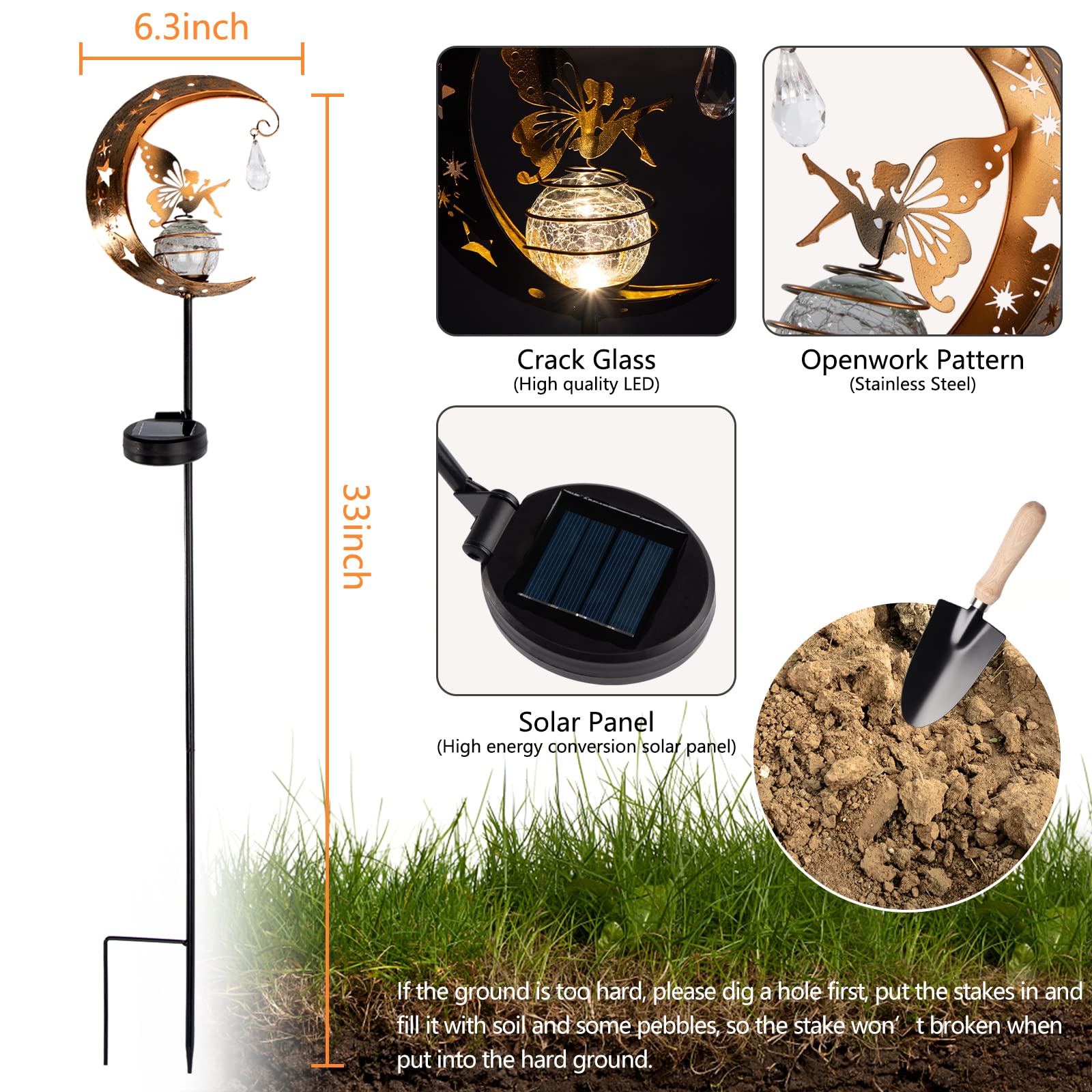 Licklip Moon & Fairy Garden Solar Stake Light Outdoor, Crackle Glass Globe With Metal Angle Stake, Waterproof Warm White Led, Decoration For Pathway Lawn Patio Courtyard Backyard (1 Pack)