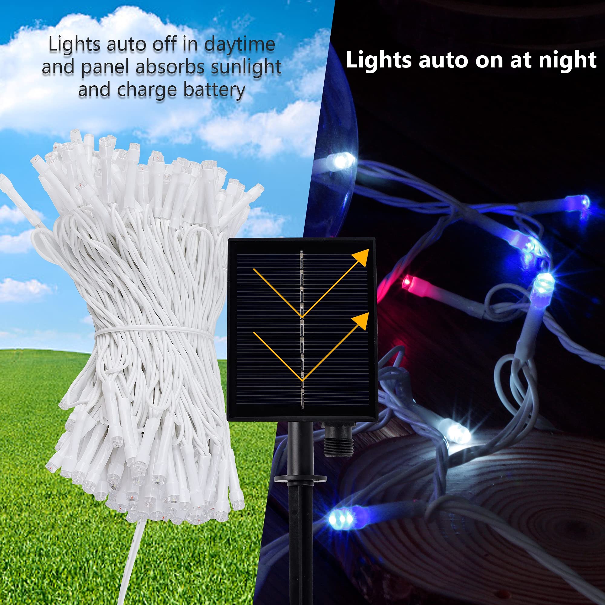 Twinkle Star Solar String Lights, 98Ft 300 Led 8 Modes Solar Powered July 4Th Patriotic White Wire Light Waterproof, Outdoor Indoor For Independence Day Garden Patio Yard Holiday Party, Red/Blue/White