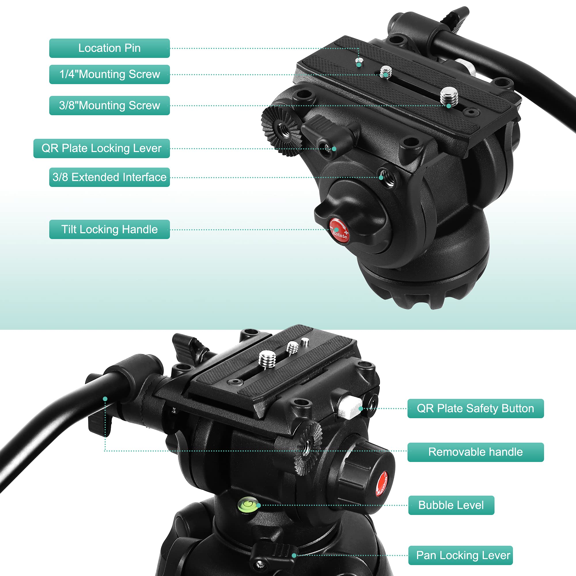 Yotilon Heavy Duty Tripod,70.8 Inch Professional Video Tripod With Fluid Head And Max Loading 17.6 Lb, Universal Qr Plate, For Hdslr And Interchangeable Lens Cameras, Camcorder.