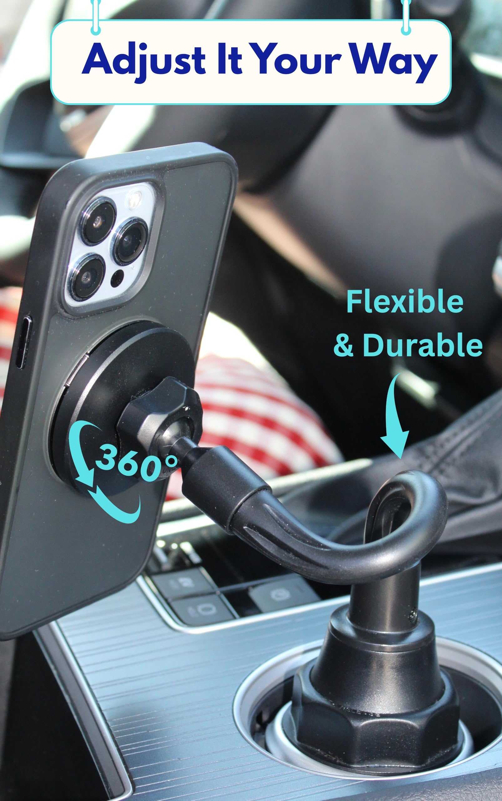 Ptz Worlds Cup Holder Phone Mount Magnetic - Designed For Magsafe Cupholder Car Mount, Super Strong Magnet For Cell Phone Cup Holders, Expandable Base, Flexible Gooseneck, Compatible With Iphone, Galaxy, Pixel