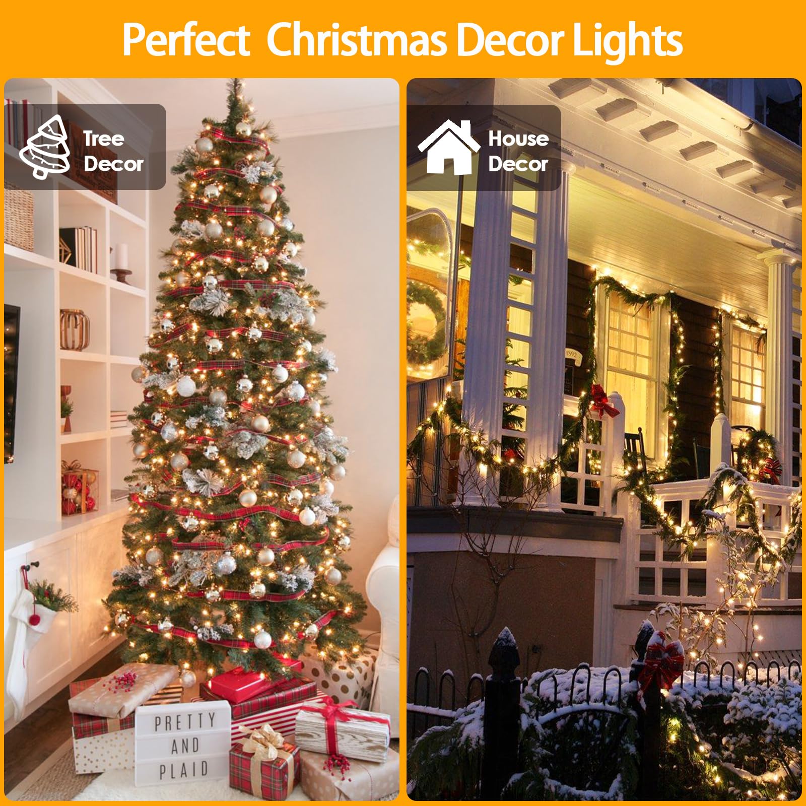 Sanjicha 2-Pack 66Ft 200 Led Christmas Lights, Extendable Christmas Tree Light With Timer & Memory Function, Waterproof Green Wire Outdoor String Lights Indoor With 8 Lighting Modes (Warm White)
