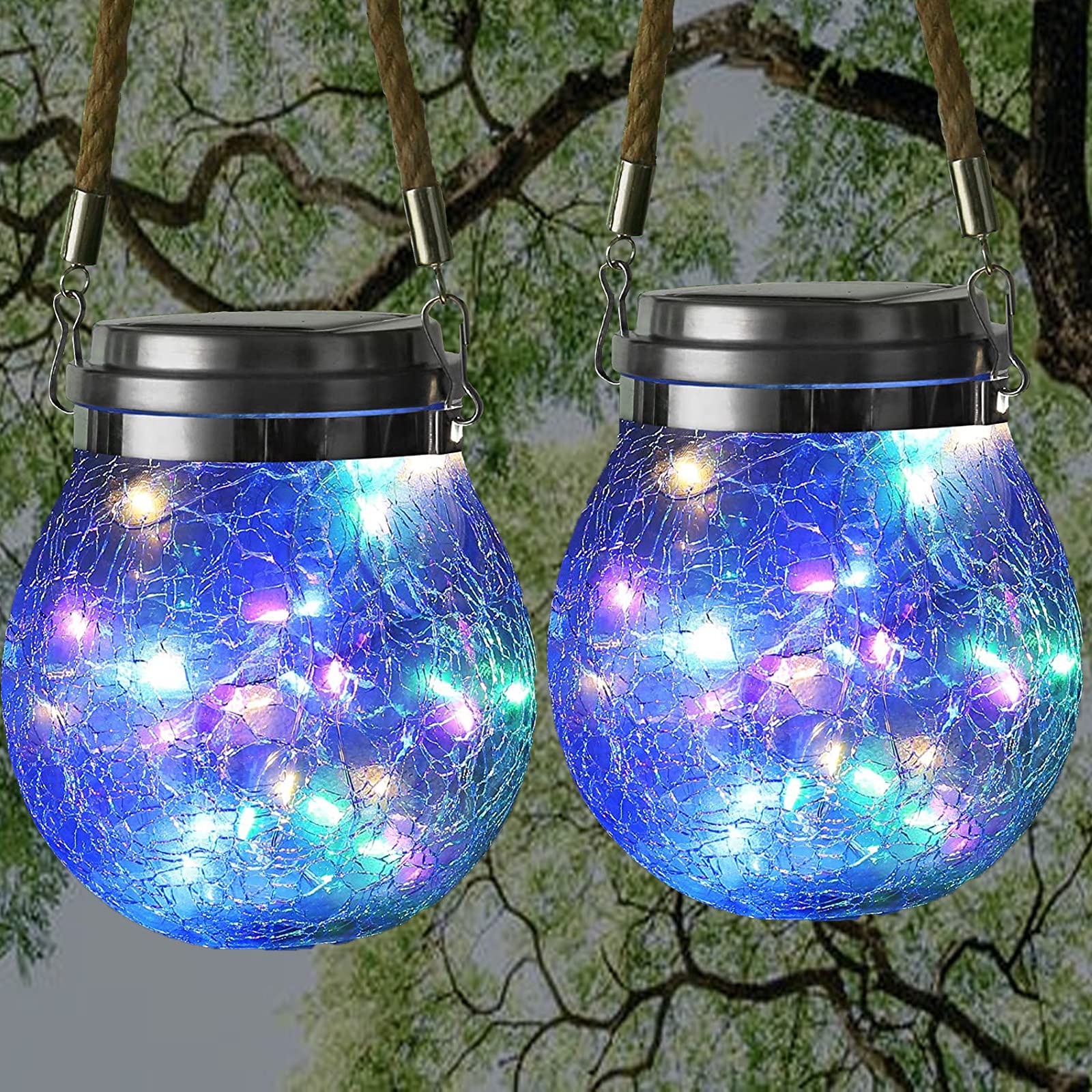 Ovker Outdoor Hanging Solar Lantern,2 Pack 30 Led Solar Powered Cracked Glass Ball Light,Waterproof Glass Jar Fairy String Light For Patio Lawn Yard Party Wedding Christmas Decoration(Multicolor)