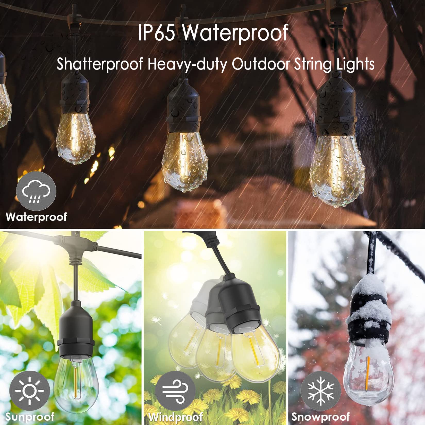 Skeerei 48Ft Outdoor String Lights - Led Heavy-Duty Waterproof Patio Lights With 16 Shatterproof Plastic 2200K Warm White Bulbs For Patio, Gazebo, Pergola, Cafe, Market, Bistro