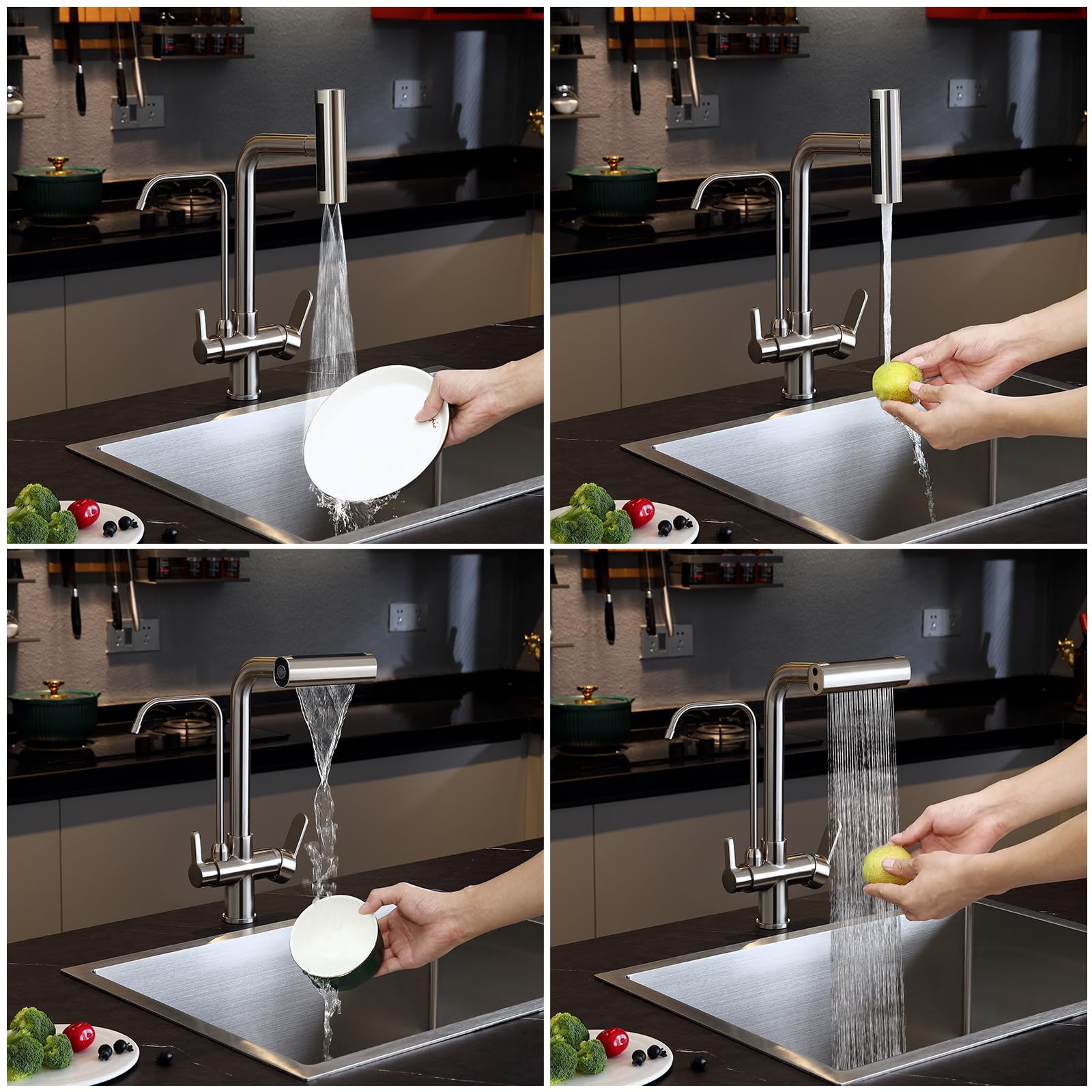 Tsibomu 3 Way Kitchen Faucet, Pull Out Kitchen Faucet With 3-Function Sprayer, Dual Handles Kitchen Sink Faucet With Water Filter Purifier Spout, Brushed Nickel