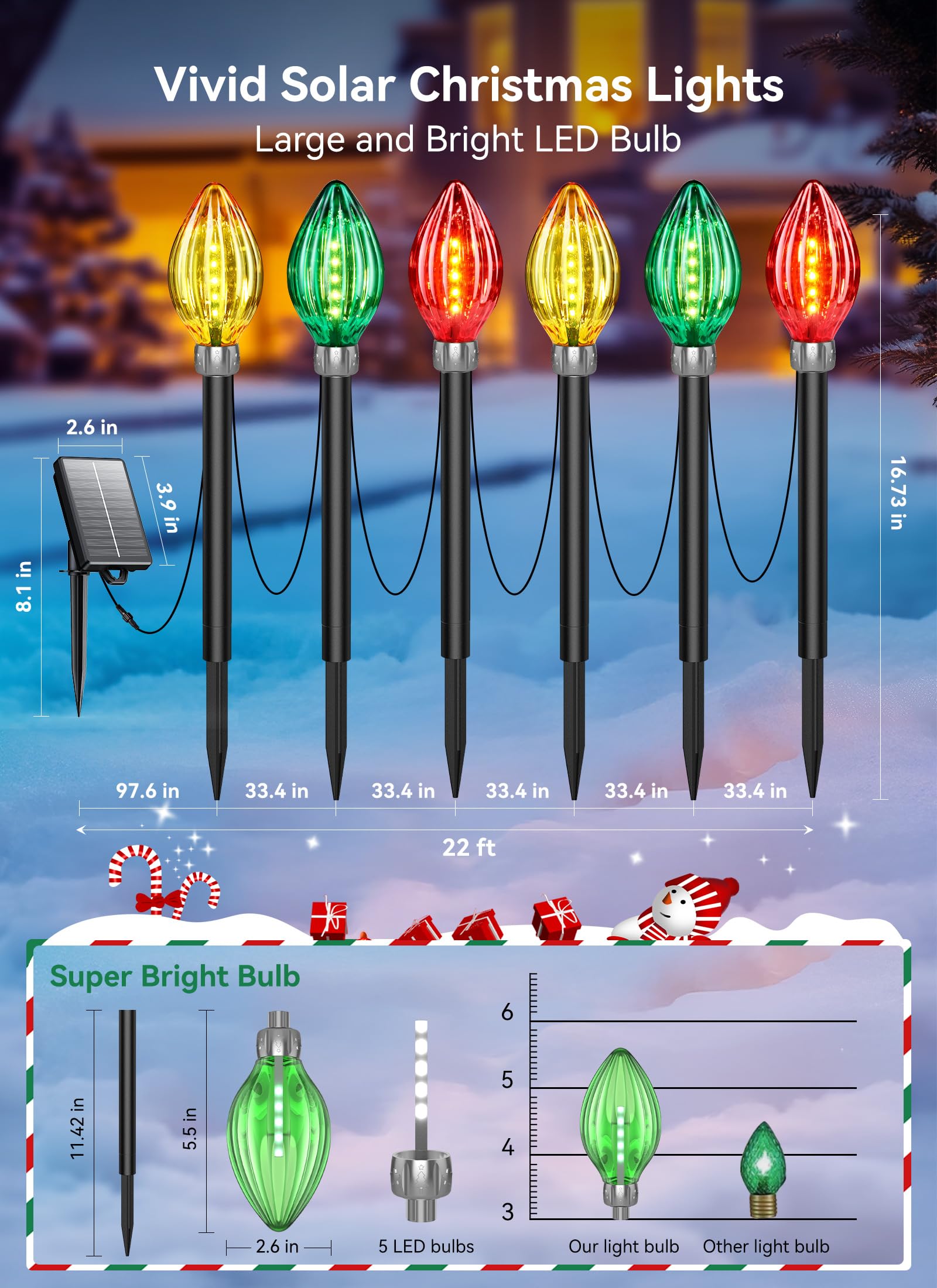 Neemo 12 Pack Jumbo C9 Christmas Lights - 44 Ft Extra Long String Lights With 60 Led Solar Powered, Waterproof Outdoor Decorations For Pathway & Yard