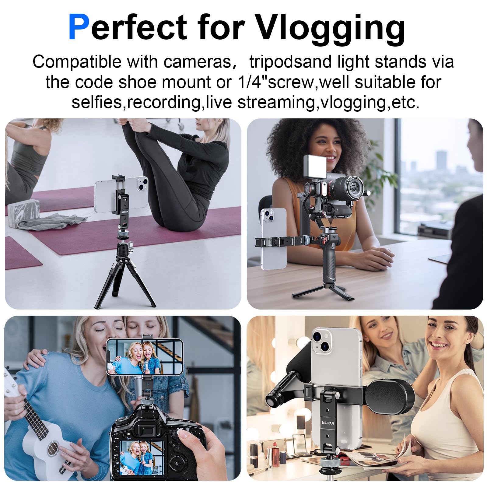 Mairan Metal Phone Tripod Mount Cell Phone Stand Holder With 3 Cold Shoes And 1/4" Screw Mounts Aluminum Smartphone Tripod Adapter With 360° Rotation 180° Tilt Angle For Desktop Tripod Video Live Streaming