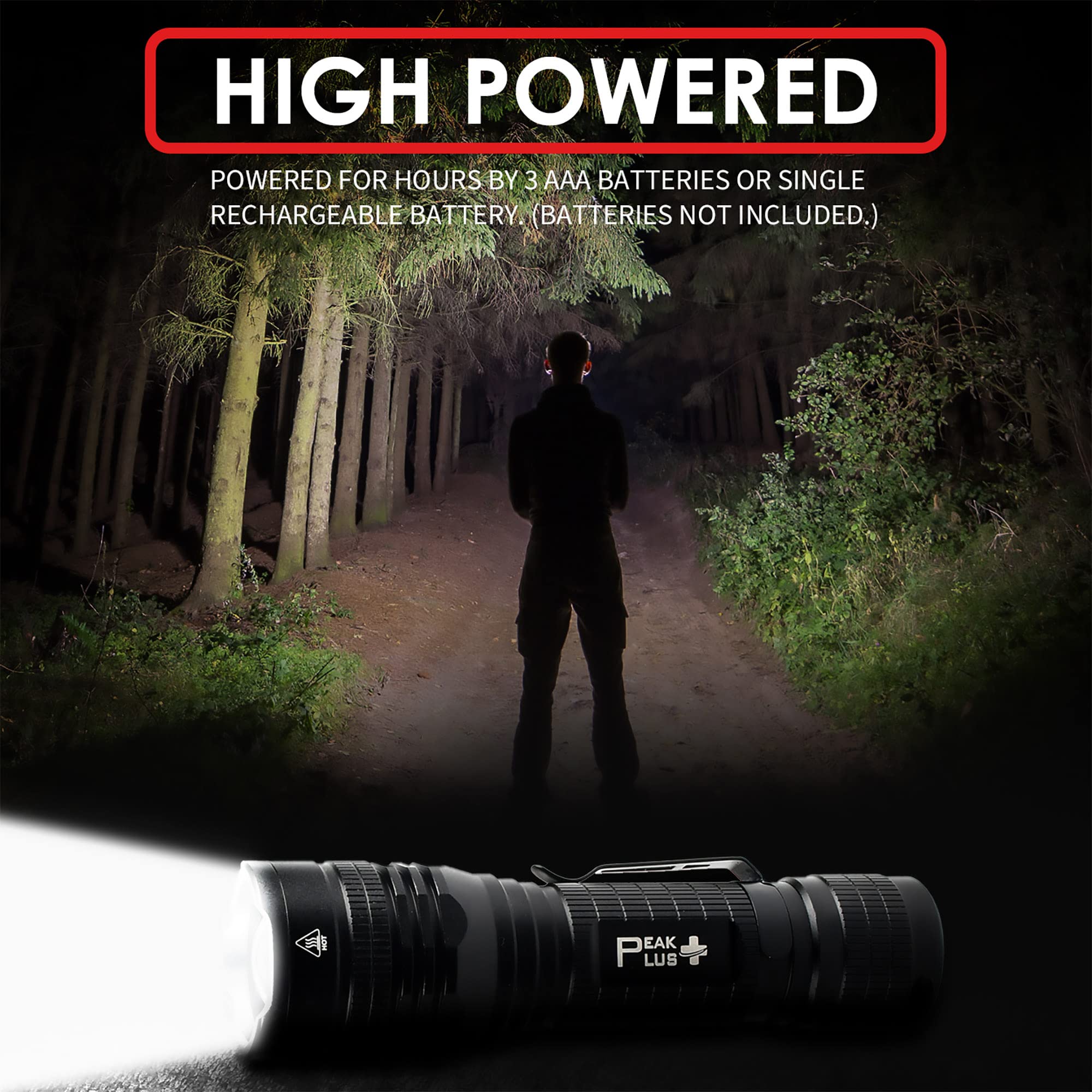 Peakplus Led Tactical Flashlight Ptac1000 [2 Pack] - Single Mode, High Lumen, Zoomable, Water Resistant, Flash Light - Camping, Outdoor, Emergency, Everyday Flashlights With Clip