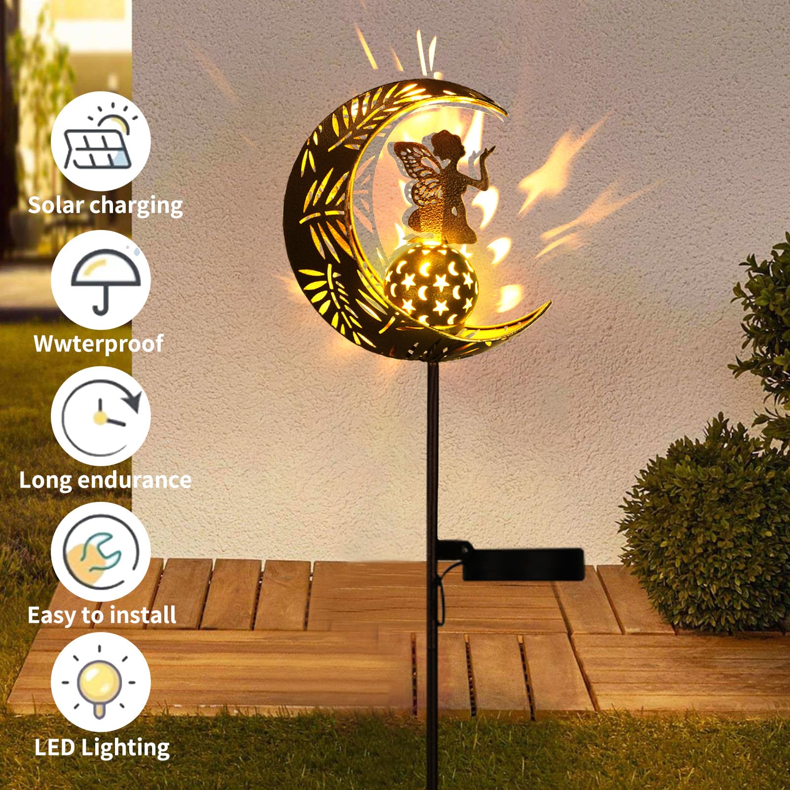 Zklili Garden Solar Lights Pathway Stake Lights Moon Fairy With Angel Decor, Gardening Birthday Gift For Mom Grandma Friends, Outdoor Decor Light Waterproof For Walkway, Yard, Patio(Moon Fairy)