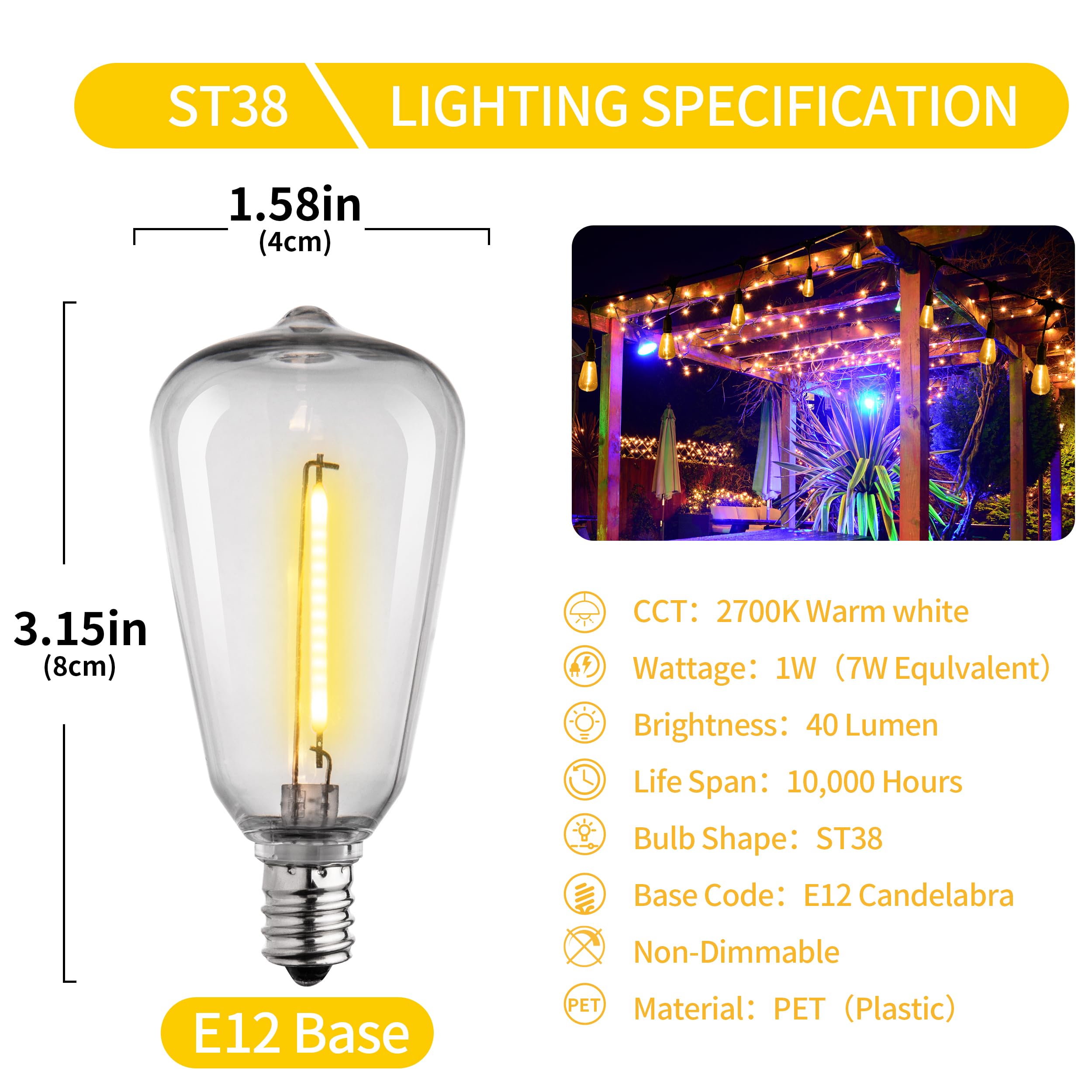 Runquiz 50 Pack St38 Replacement Bulbs,St38 Edison Led Bulbs,St38 Shatterproof String Light Bulbs Replacement,E12/C7 Small Base Outdoor Light Bulbs,1W Low Wattage Edison Light Bulbs,2700K Led Light Bulbs