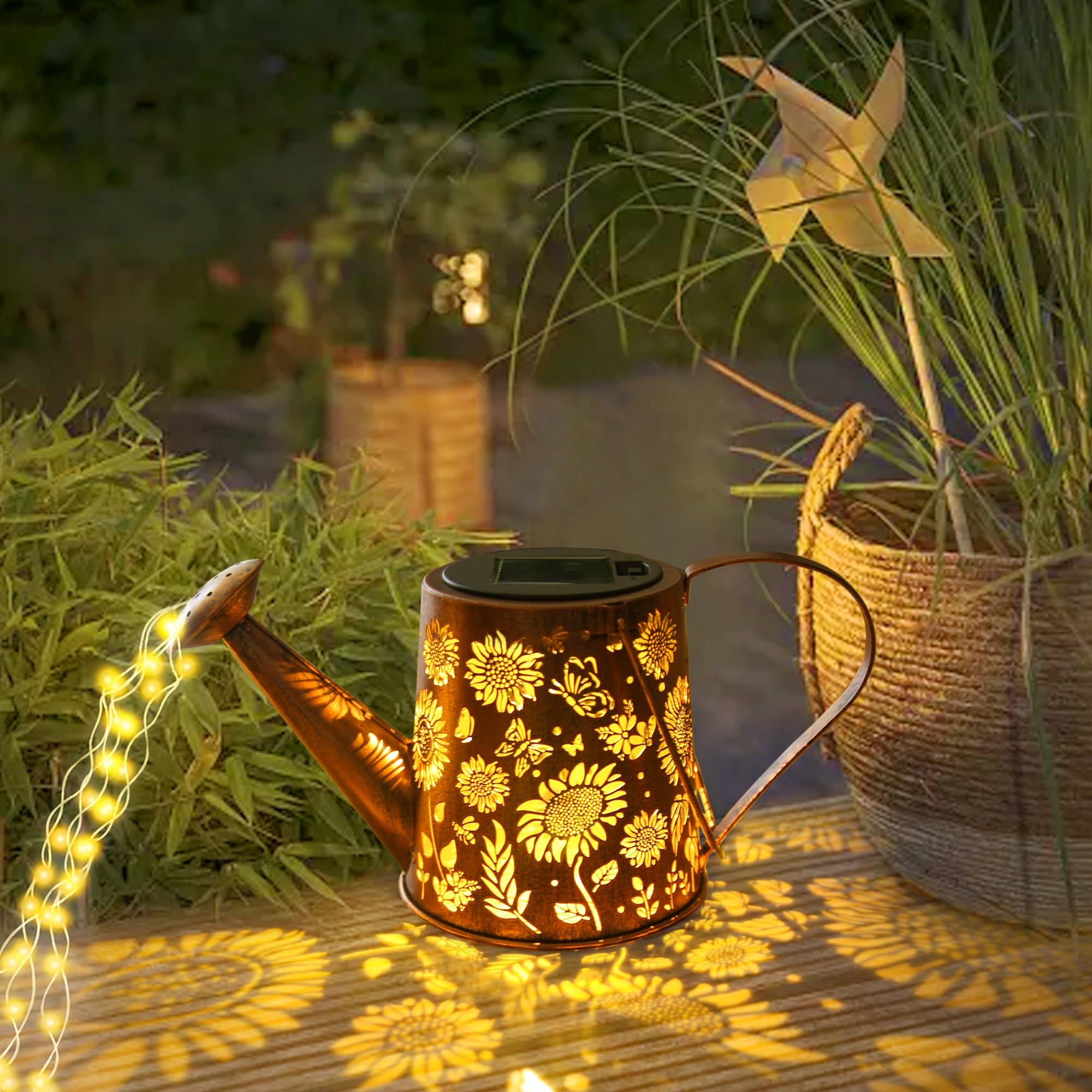Anytalk Solar Watering Can With Lights, Hanging Solar Waterfall Lights Outdoor Garden Decorations, Waterproof Solar Garden Lights For Yard Porch Backyard Lawn Pathway Landscape Walkway (Sunflower)