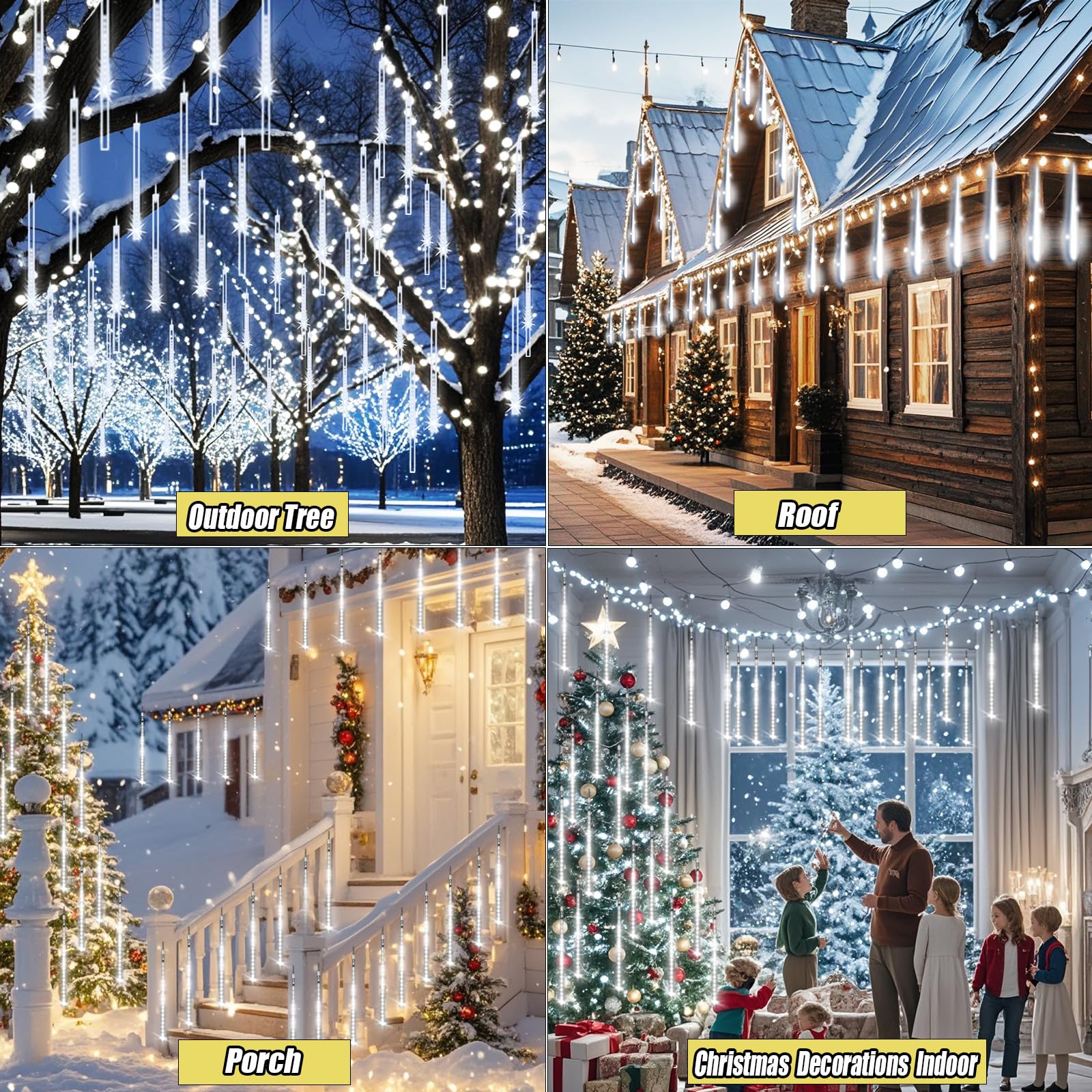 Adecorty Christmas Lights Outdoor, Meteor Shower Lights 8 Tubes 192Led Ul  Snow Falling Rain Cascading Icicle Light For Xmas Tree Christmas Decorations Outdoor Wedding Party Window, White