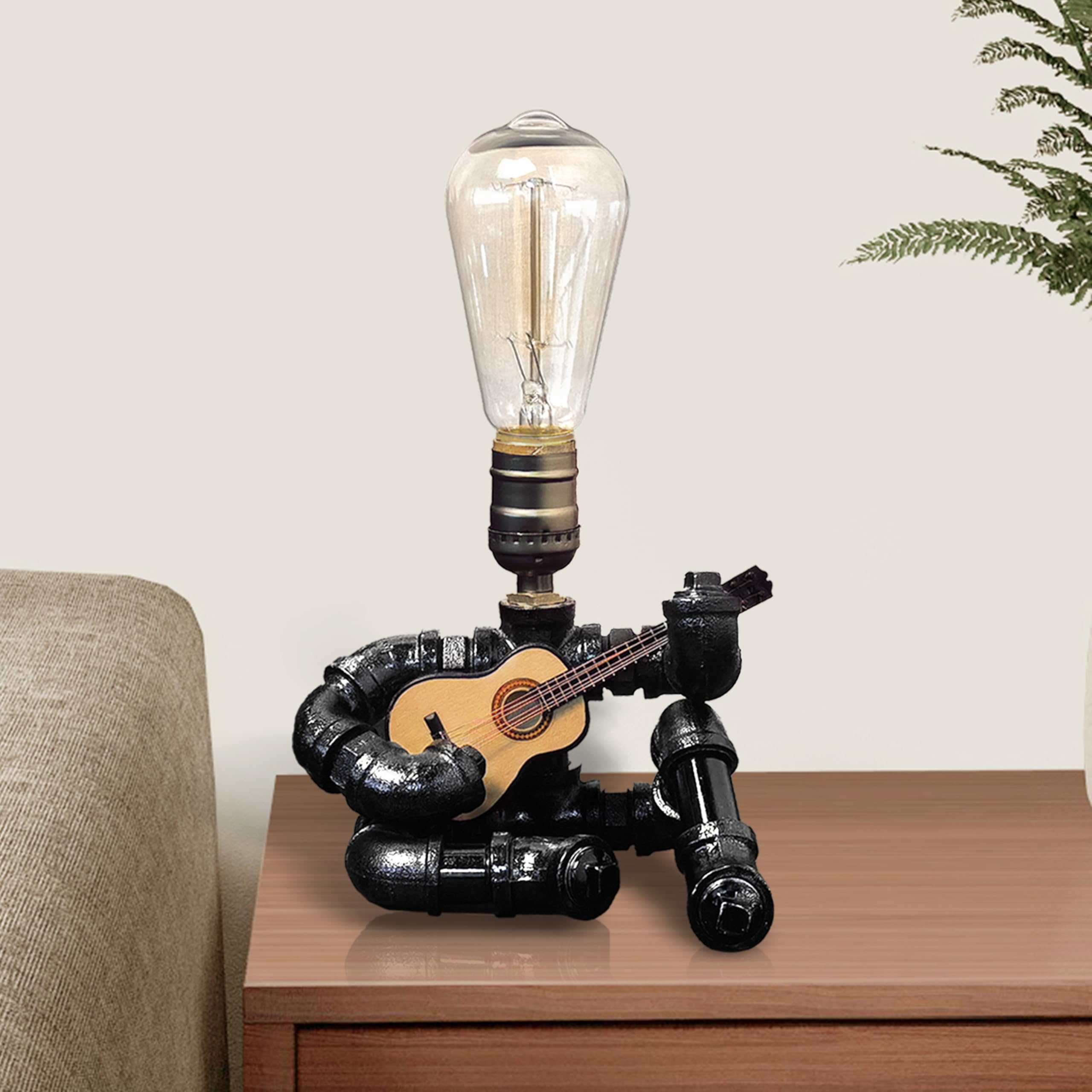 Chxtx Music Guitar Table Lamp - Cool For Men & Music Lovers - Edison Bulb Steampunk Pipe Lamps - Microphone Players Art Decor (Wood)