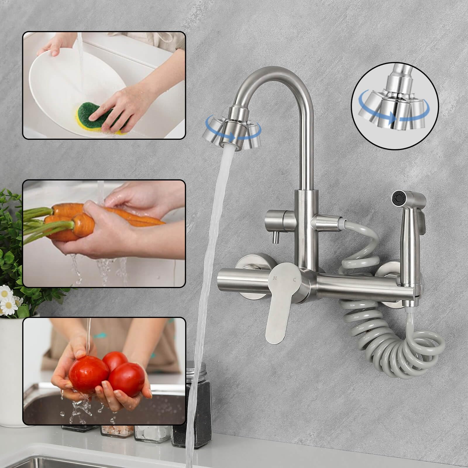 Chomley Stainless Steel Wall Mount Faucet With Sprayer 8 Inch Kitchen Faucet 360° Rotation Foldable Sink Water Taps With Spray And 2 Water Jet, Brushed Nickel