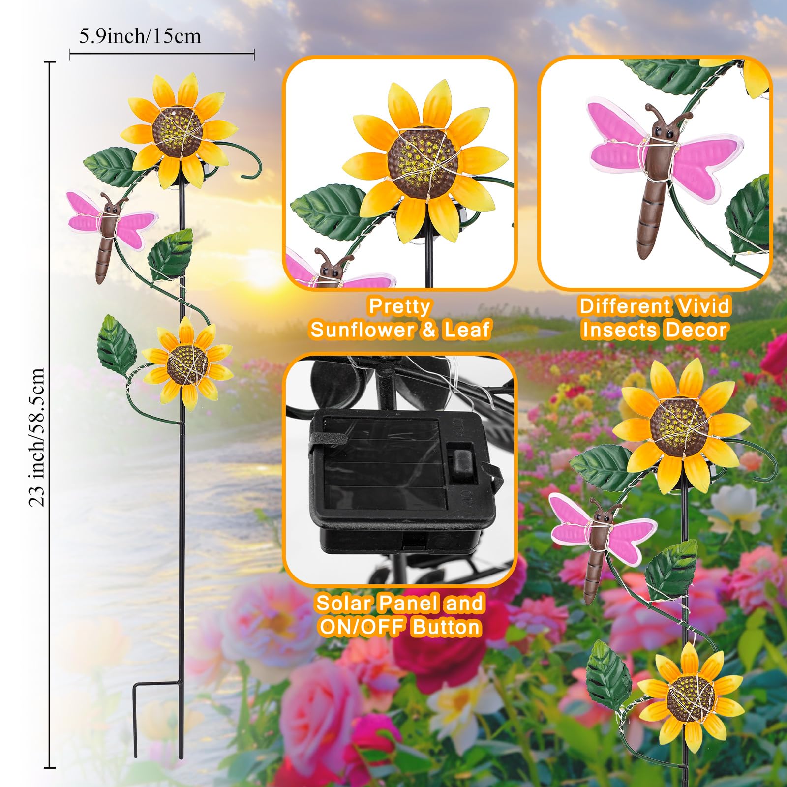 Qipade 3 Pack Solar Garden Light, Sunflower & Insect Metal Solar Stake Lights, Outdoor Statues Figurine Lights For Spring Garden Lawn Patio Yard Decor