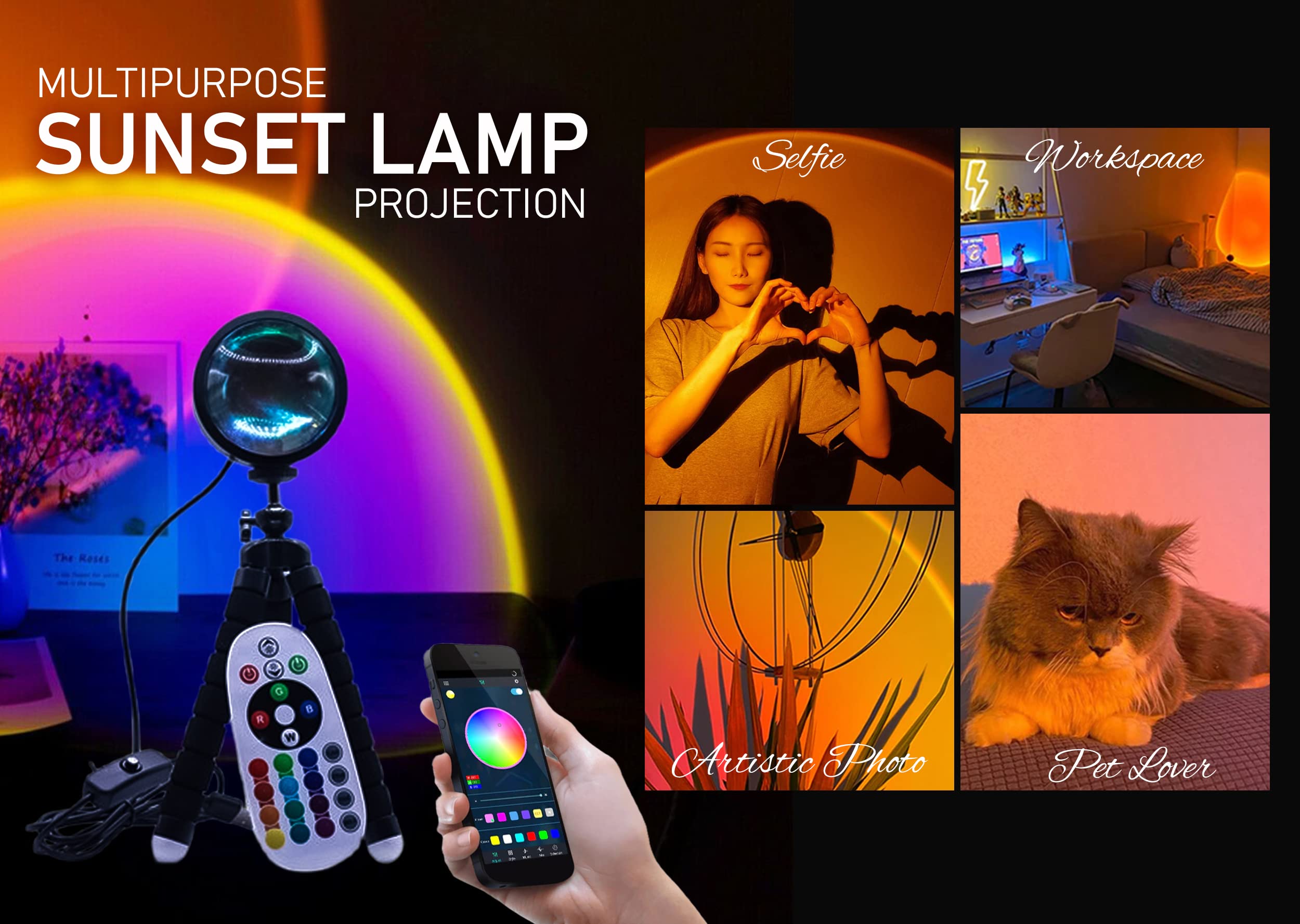 Calibrespot Sunset Lamp Projection With Remote And App Control Multiple Colors Changing Led Sunset Light Projector 360 Degree Rotation With Adjustable Base For Photography/Party/Home/Bedroom