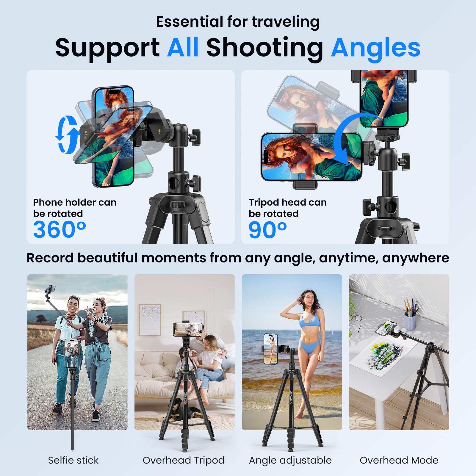 Zikzok 70" Phone Tripod & Selfie Stick, Horizontal Overhead Tripod, Extendable Camera Cell Phone Tripod Stand With Wireless Remote And Phone Holder For Filming Video Recording Live Stream