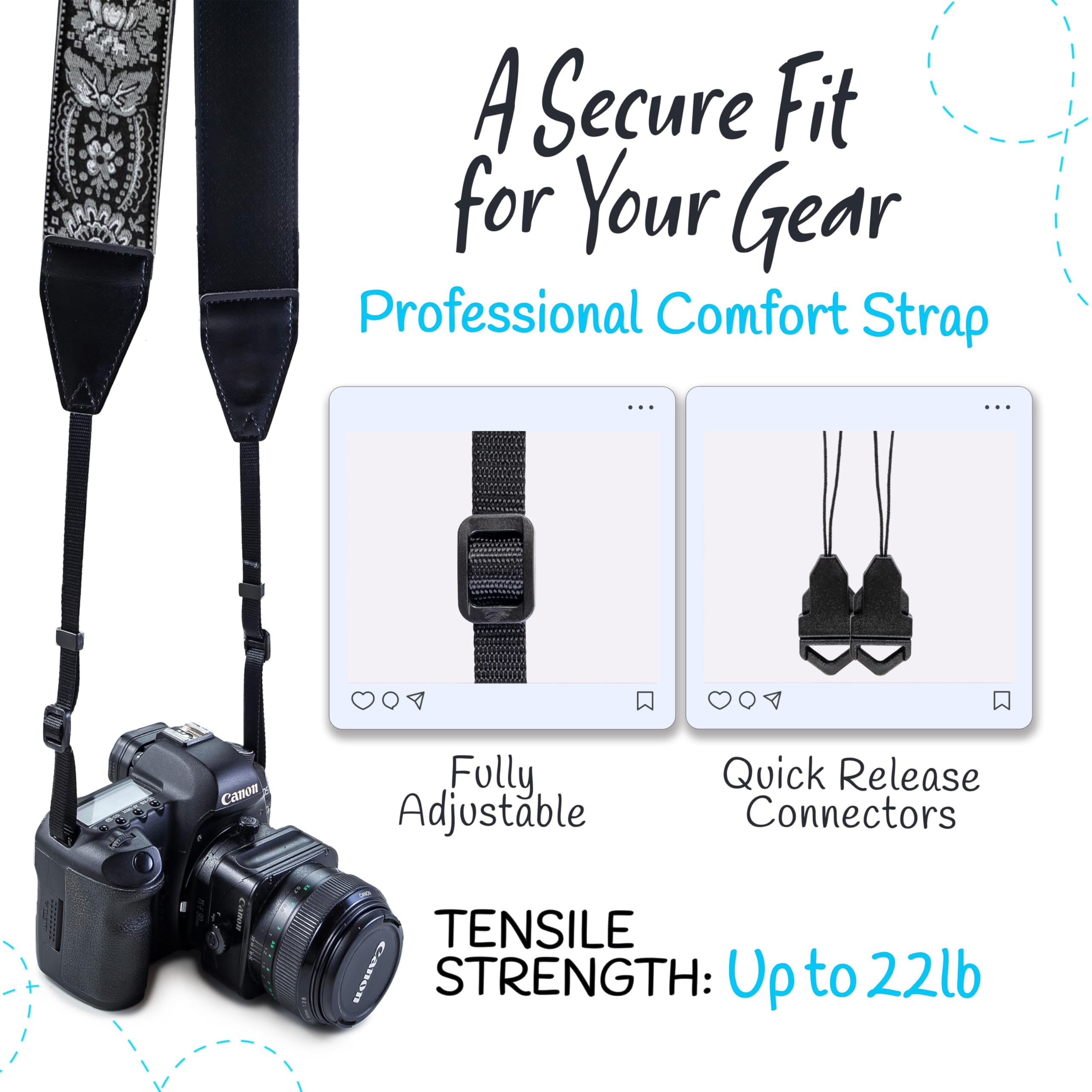 Art Tribute Camera Strap For All Dslr And Mirrorless Camera Including Binoculars. Embroidered Silver & Black Woven Strap Universal Neck Crossbody & Shoulder Belt,  For Photographers Men & Women