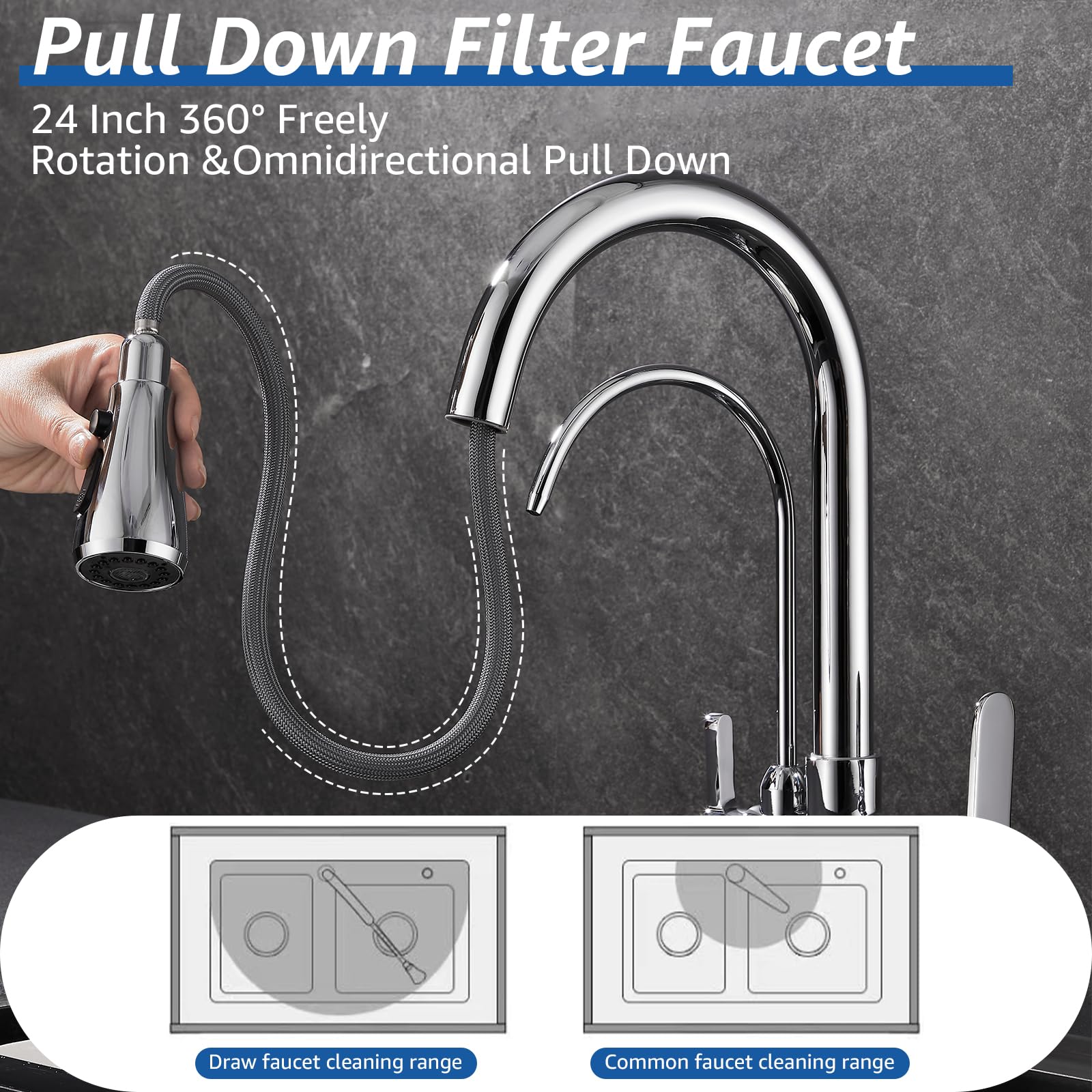 Pollock Kitchen Sink Faucet With Pull Down Spayer Faucet Water Filter 2 Handle 3 In 1 Faucet Water Filter For Kitchen Sink Cold And Hot Mixer Drinking Water Faucet,Chrome