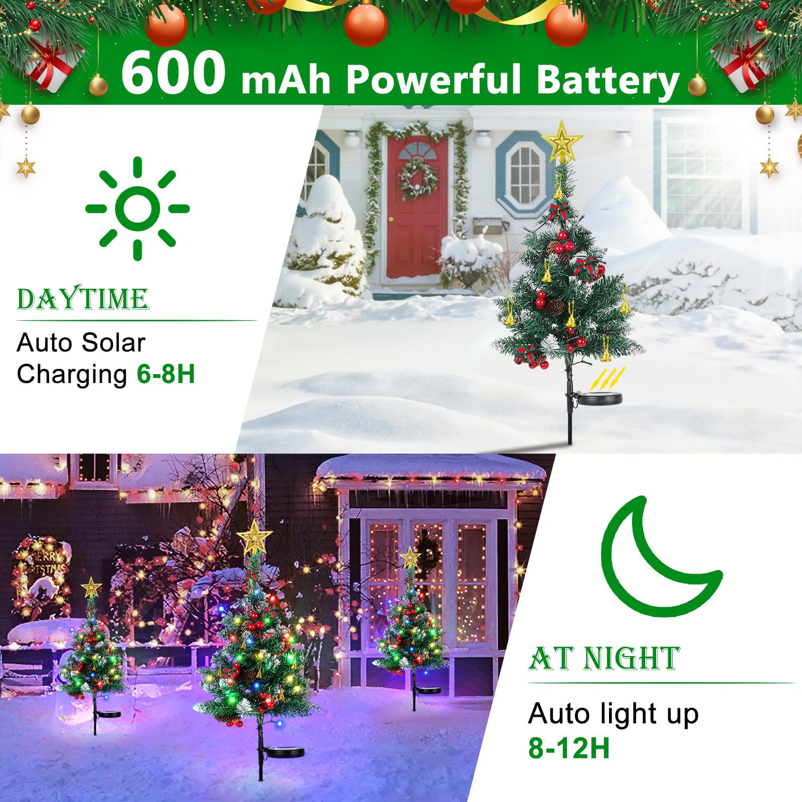 Ourwarm 2Pcs Solar Christmas Tree Lights Outdoor Decorations, 20 Leds Path Lights 8-Mode Flickering, Small Mini Solar Christmas Tree For Outside Yard Pathway Garden Grave Cemetery Xmas Decor