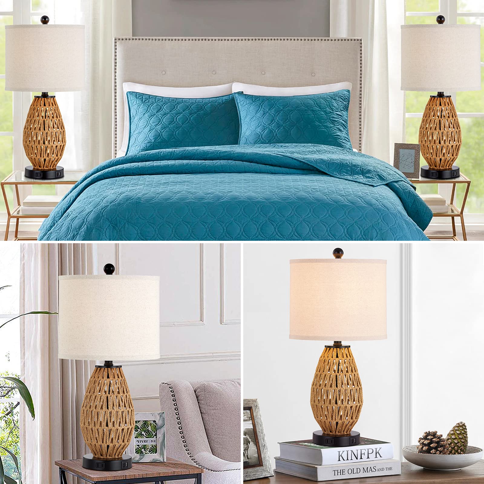 Cinsary Touch Control Rattan Table Lamps, 3 Way Dimmable Bedside Lamps For Bedroom With 2 Usb Ports And Ac Outlet, Wicker Nightstand Lamps For Living Room Home Office (Led Bulbs Included)