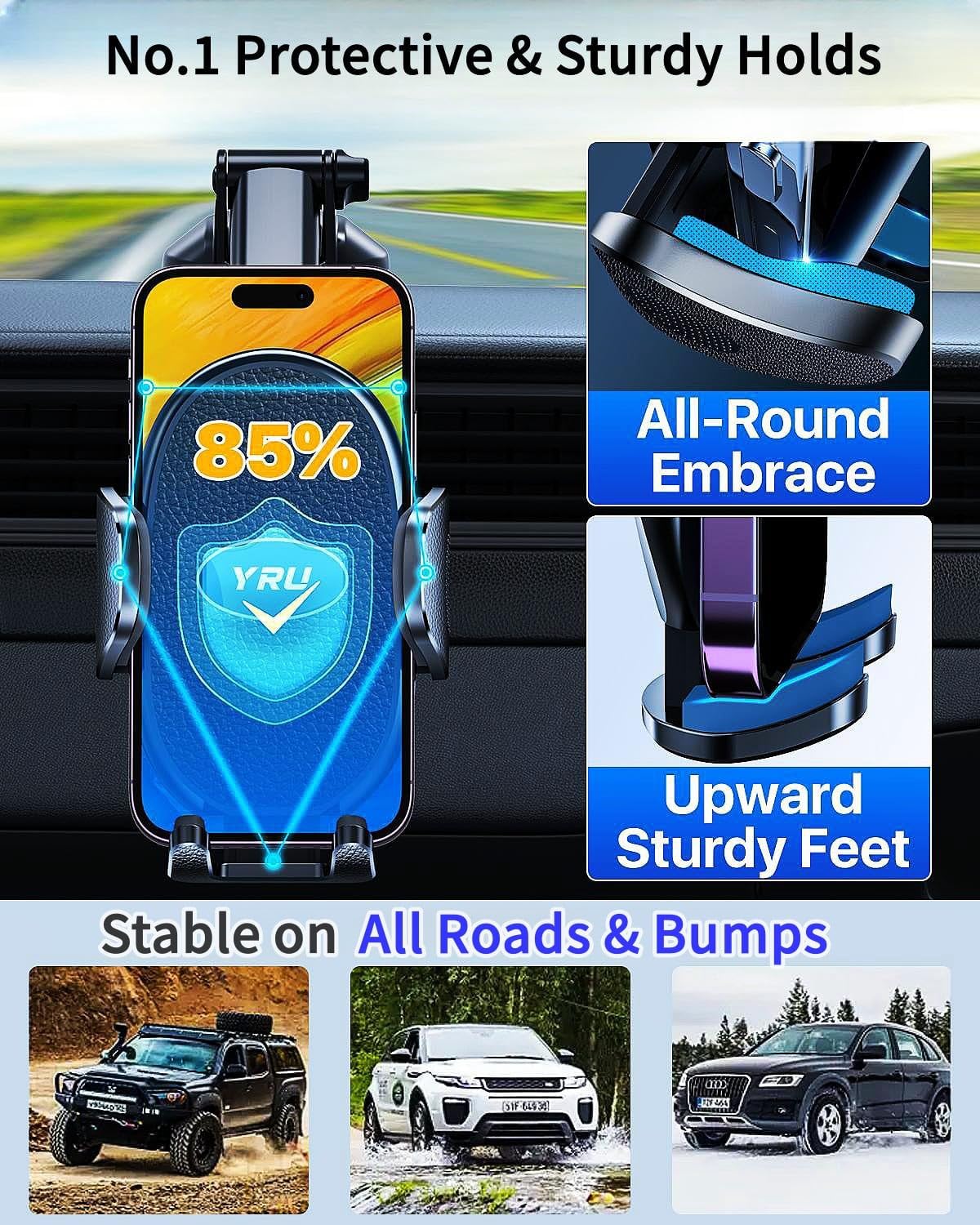 Yru [ ] Universal Car Phone Holder Mount【 360°Rotatable & Strong Suction】 Cell Phoneholder Car Dashboard Windshield Phone Holder Dash Stand For Iphone 16 15 14 13 12 Samsung Truck, Black