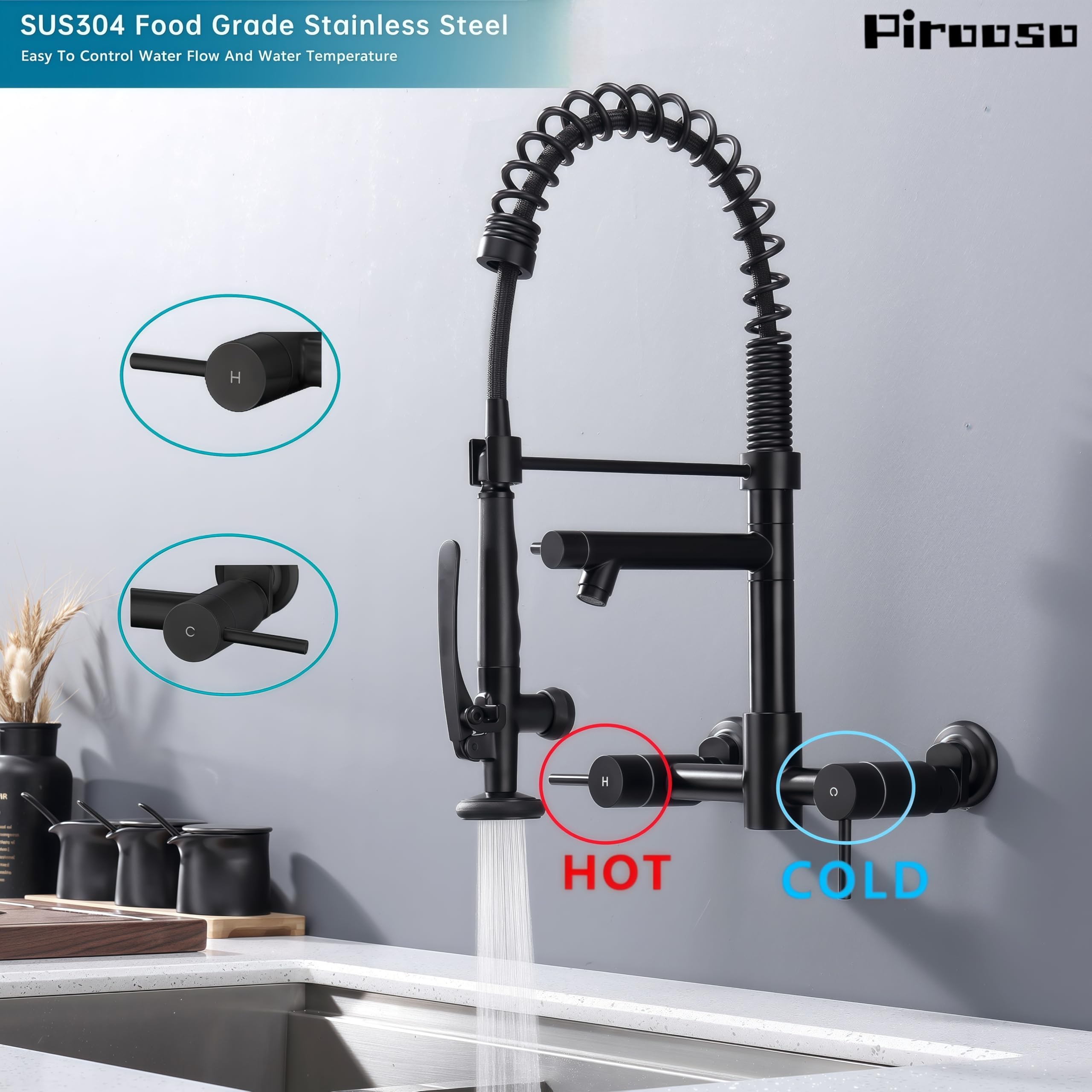 Pirooso Commercial Wall Mount Kitchen Faucet With Pre-Rinse Sprayer & Pot Filler - 8-Inch Center High Arc Spring Faucet With Two Handles - Modern Black Finish For Kitchen Sinks