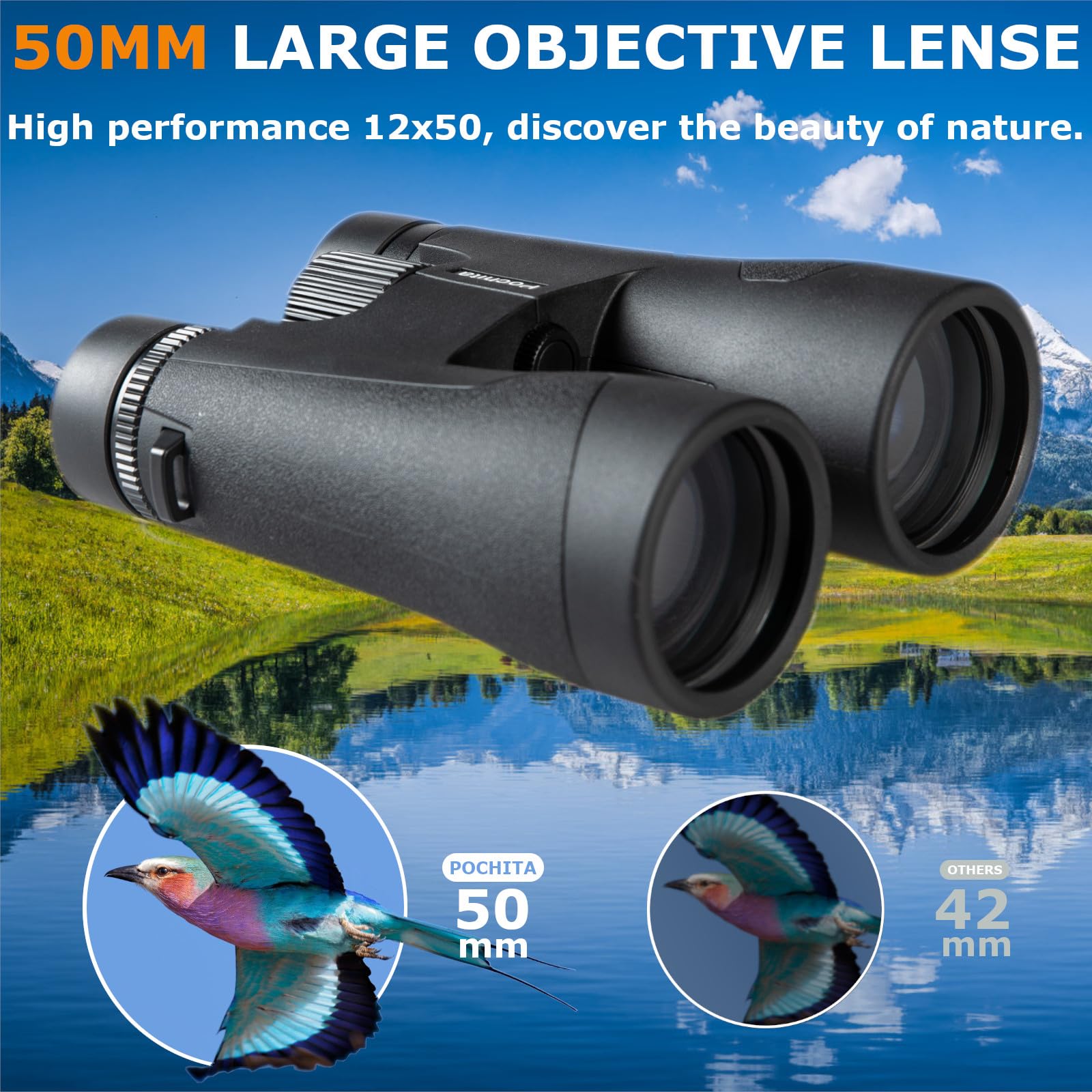 Pochita Global 12X50 Hd Binoculars For Adults - Bak4 Prism & Fmc Lens, 22Mm Large Eyepiece, Ipx7 Waterproof With Carrying Bag & Lens Covers, High-Power Compact Binoculars For Bird Watching, Hunting, Concerts, Travel